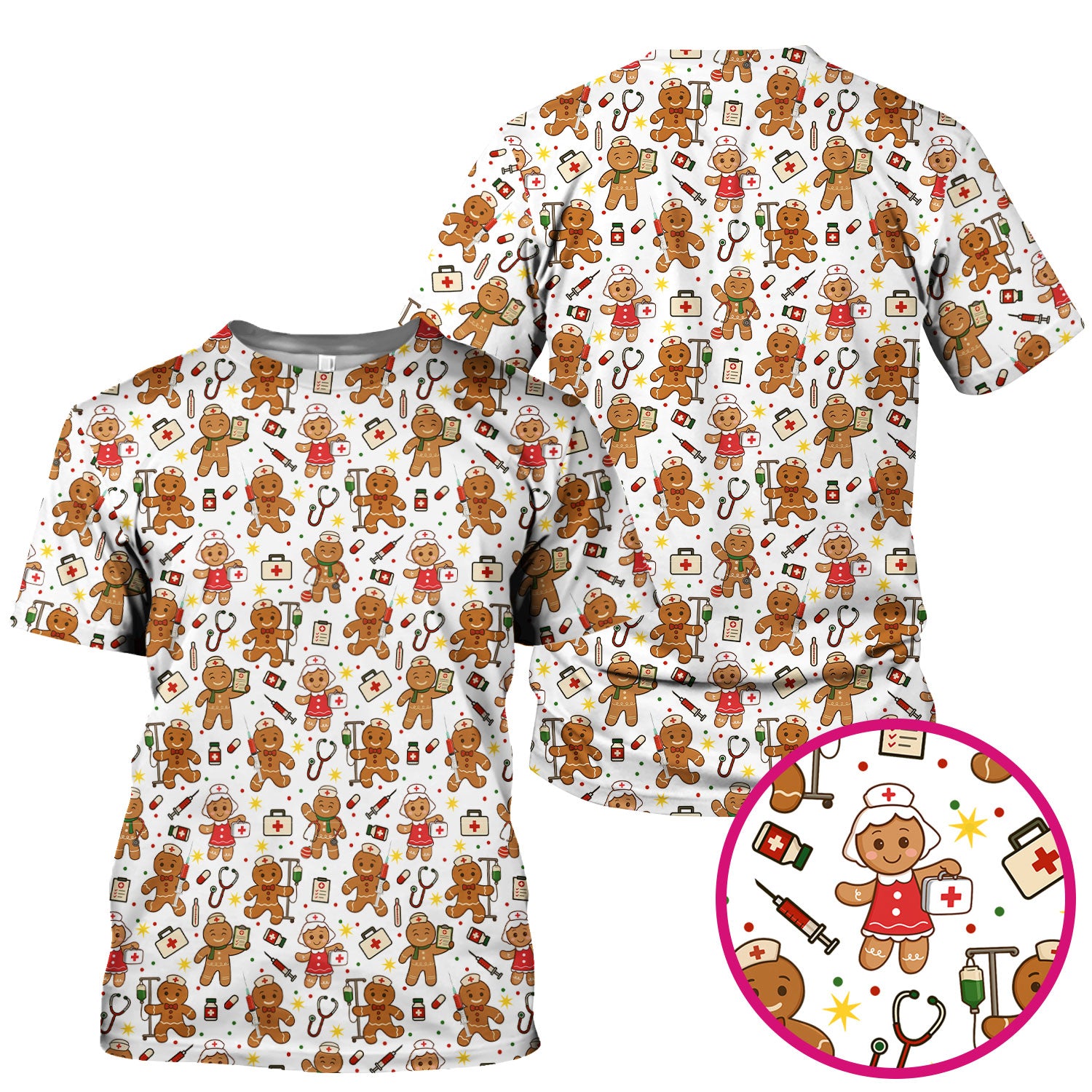 Gingerbread Christmas Nurse Scrub Top - Cute Holiday Cookie Pattern Shirt for Women - Funny Festive Nursing Gift for RN LPN CNA