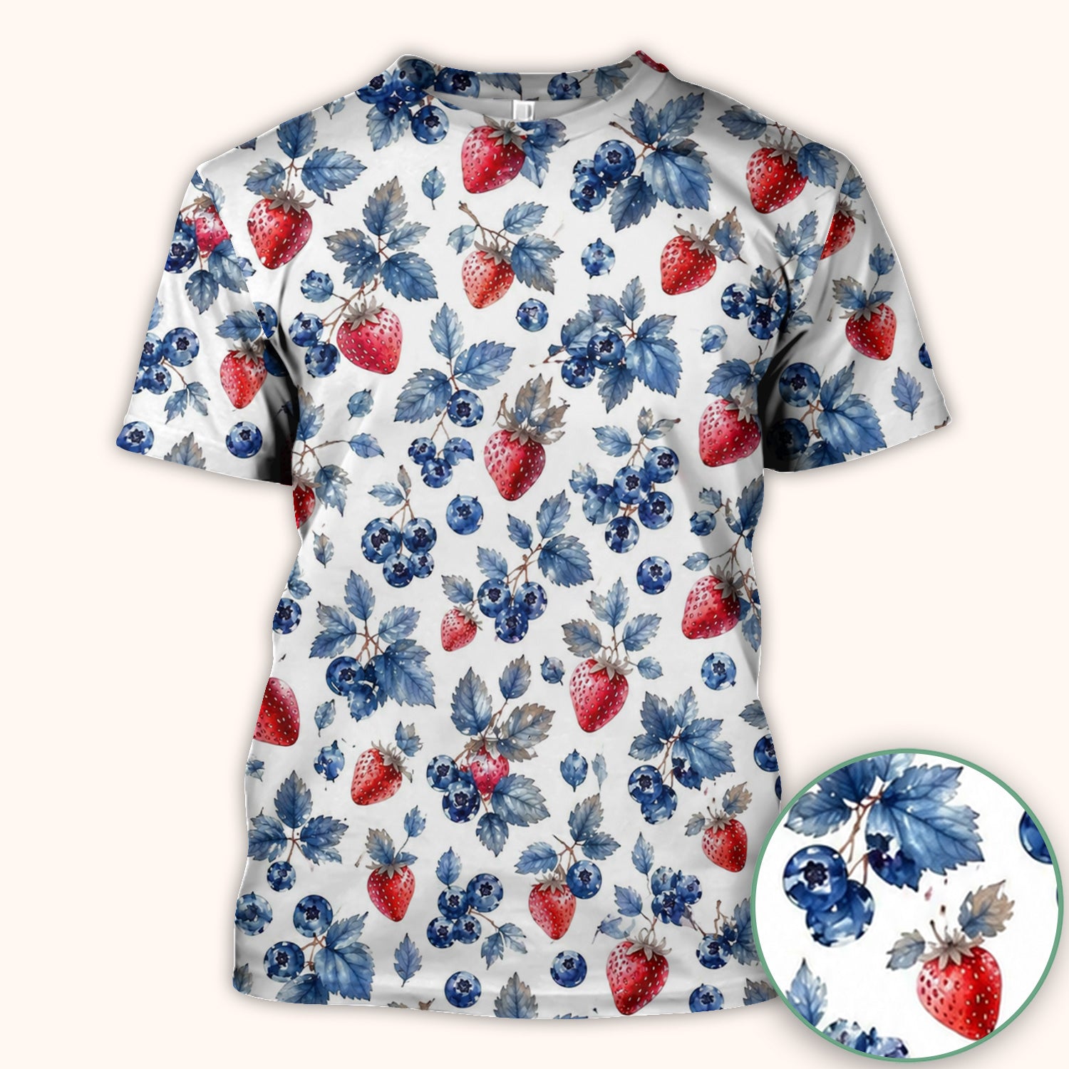 Cute Strawberry & Blueberry Leaf Pattern Scrub Top, Comfortable Scrubs for Nurses