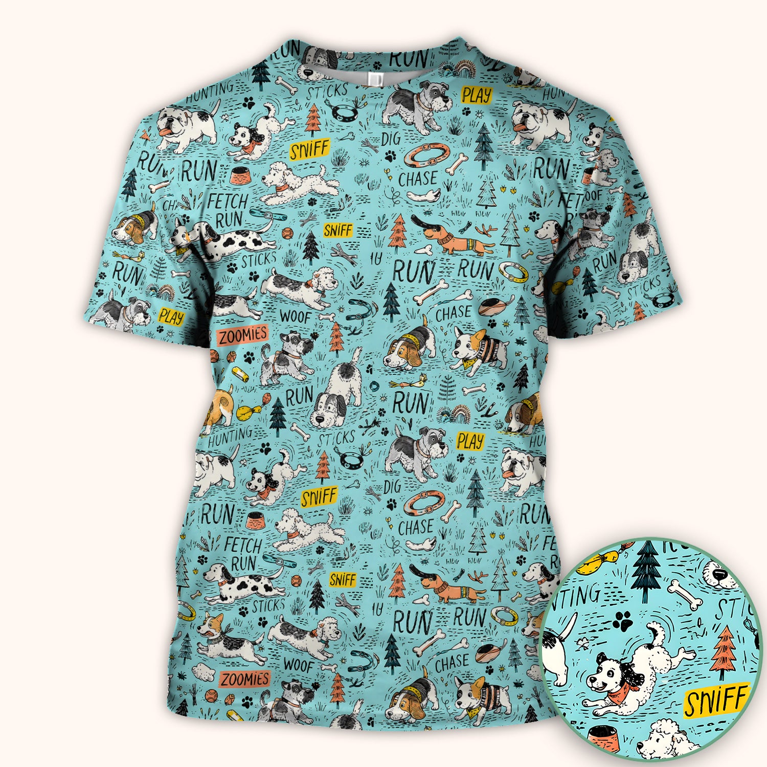 Playful Cartoon Puppy Adventure Pattern Scrub Top, Comfortable Scrubs for Nurses
