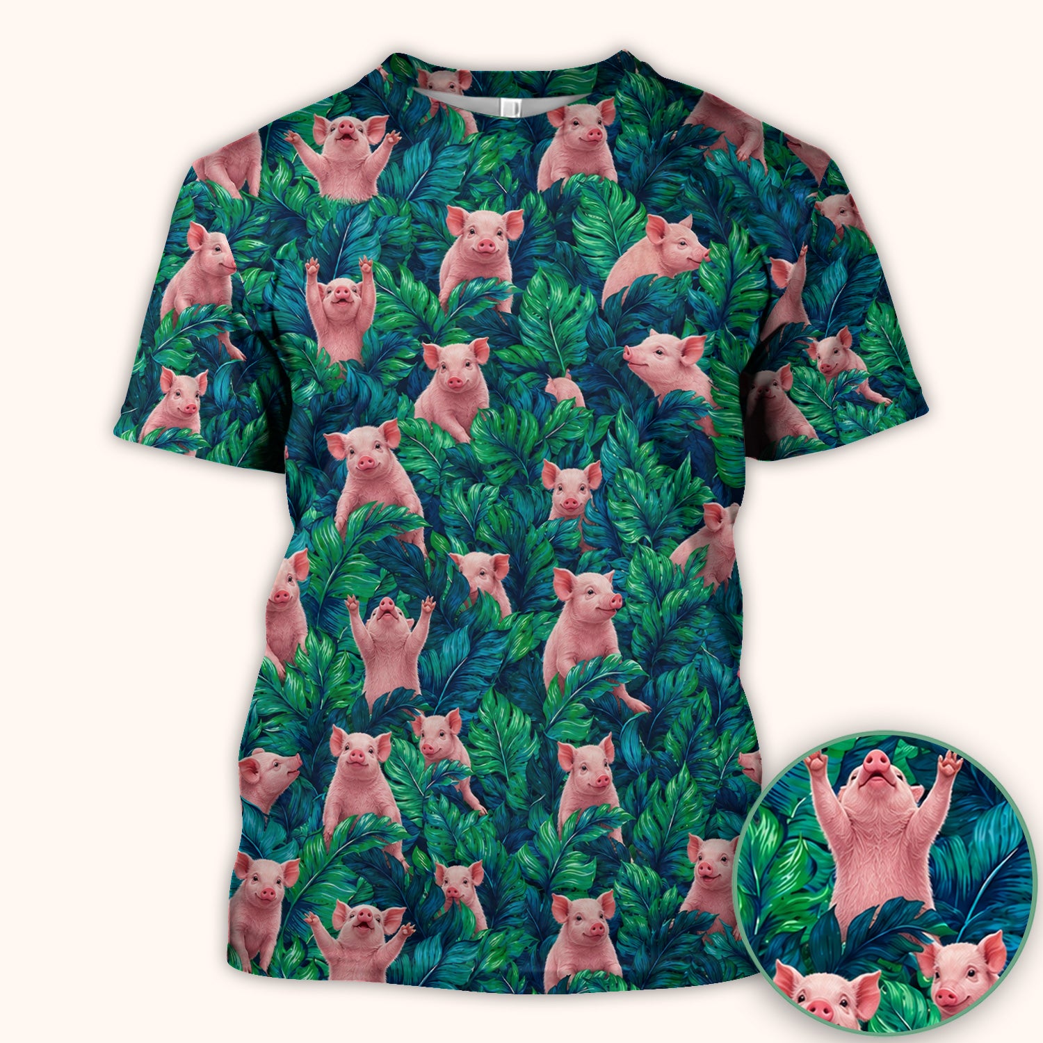 Cute Piglet Jungle Leaves Pattern Scrub Top, Comfortable Scrubs for Nurses