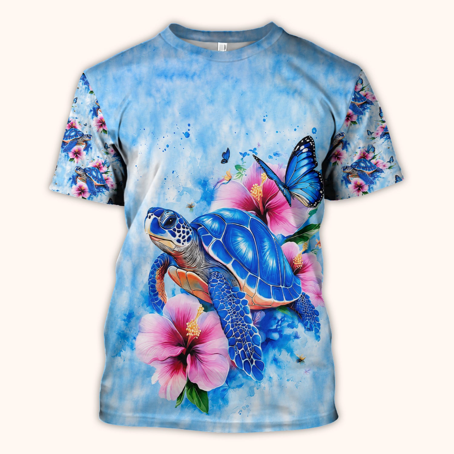 Blue Sea Turtle Hibiscus Butterfly Print Scrub Top, Comfortable Scrubs for Nurses