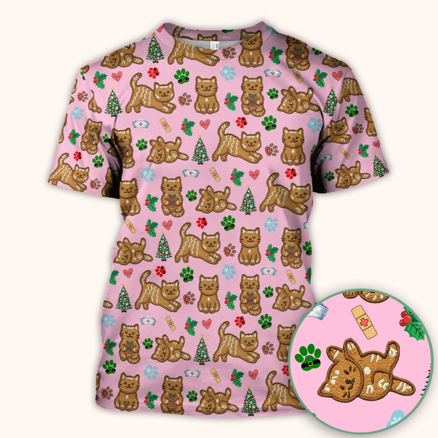 Gingerbread Cat Christmas Scrub Top, Cute Holiday Kitty Medical Uniform Shirt For Nursing, Festive Nurse Pattern