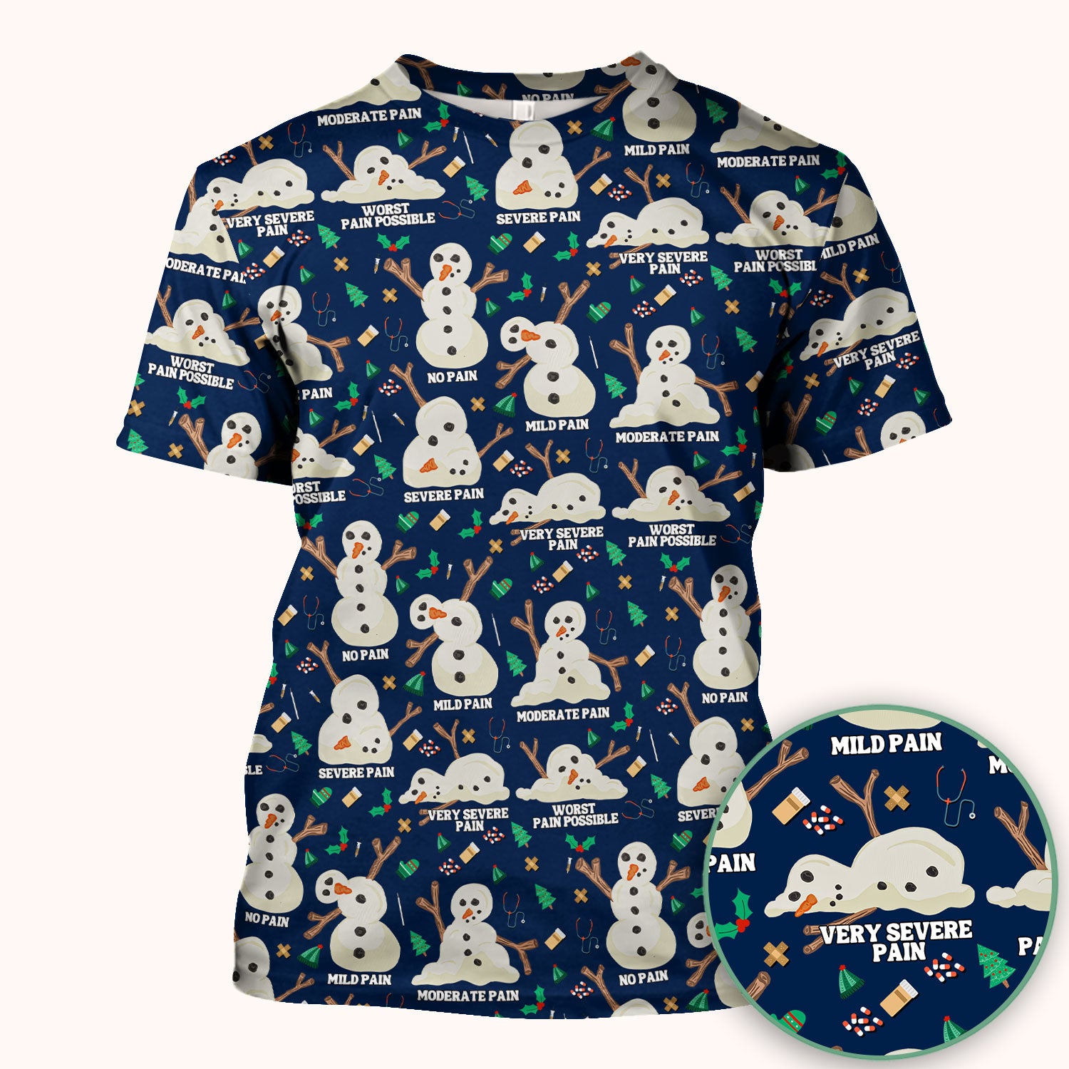 Funny Snowman Pain Scale Scrub Top for Nurse - Christmas Medical Shirt for Women RN LPN CNA - Cute Winter Nursing Uniform