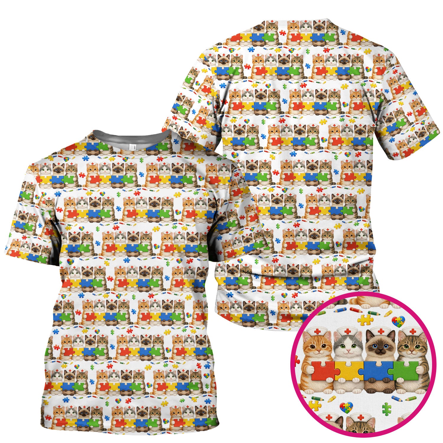 Autism Awareness Nurse Scrub Top, Cat Autism Pattern Nurses Shirt, Comfortable Uniform Scrubs For Nursing