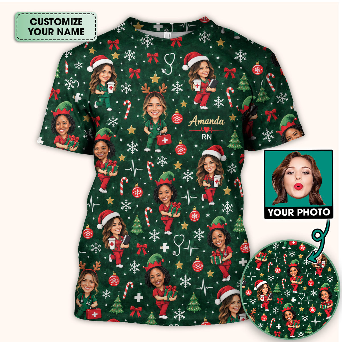Personalized Christmas Nurse Photo And Name Scrub Top, Comfortable Scrubs for Nurses