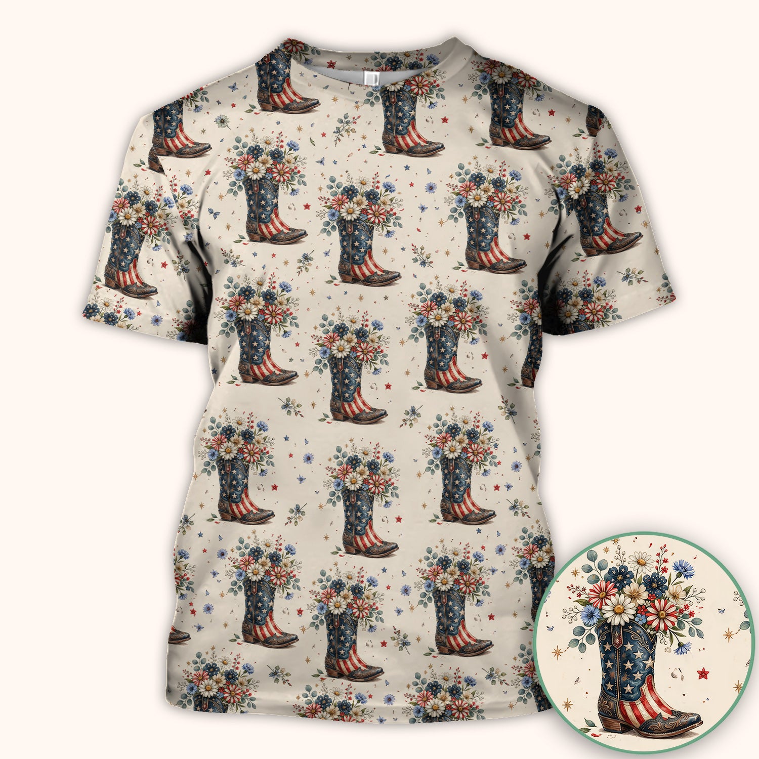 Festive Patriotic Cowboy Boots Flower Pattern Scrub Top, Comfortable Scrubs for Nurses