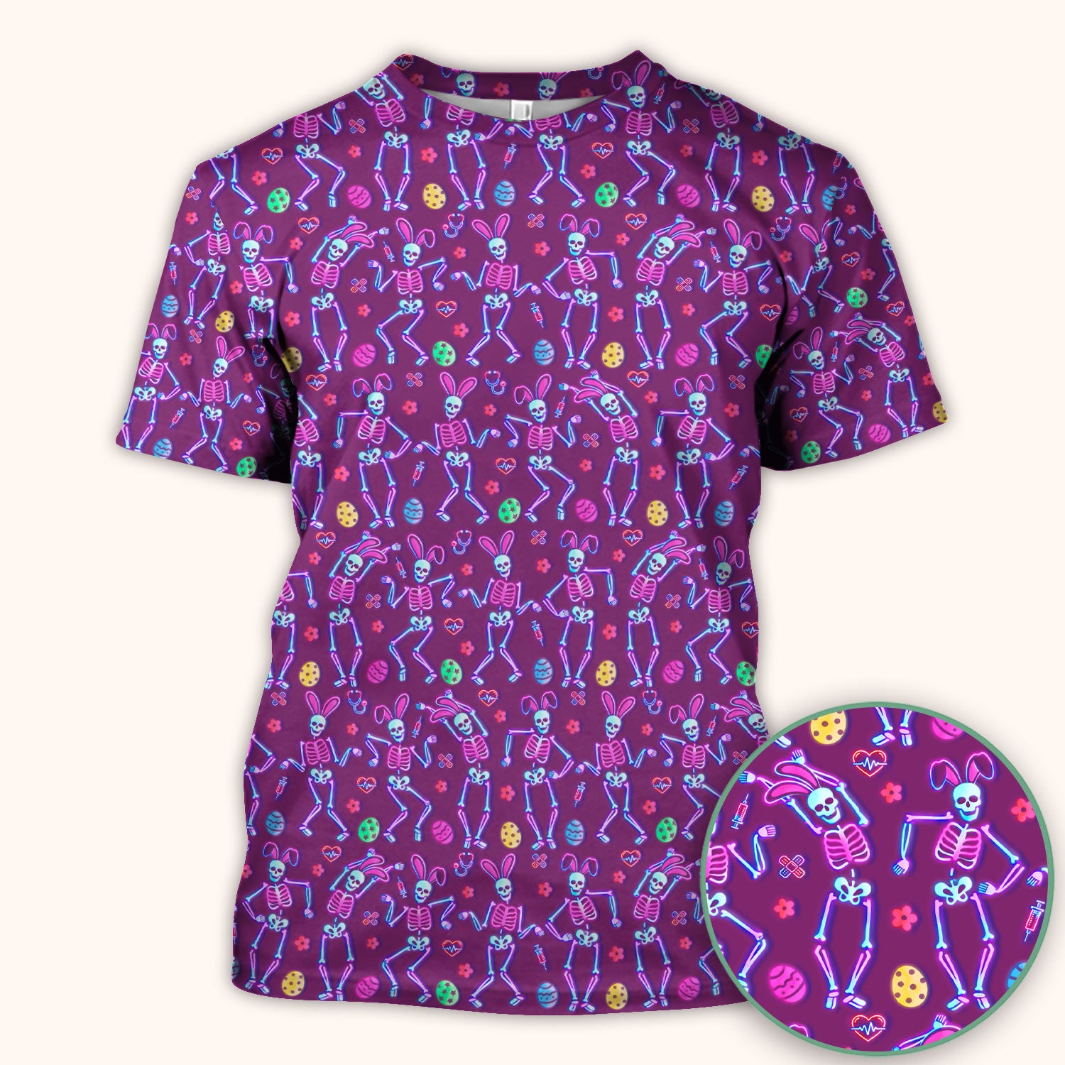 Neon Easter Skeleton Pattern Scrub Top, Comfortable Scrubs for Nurses