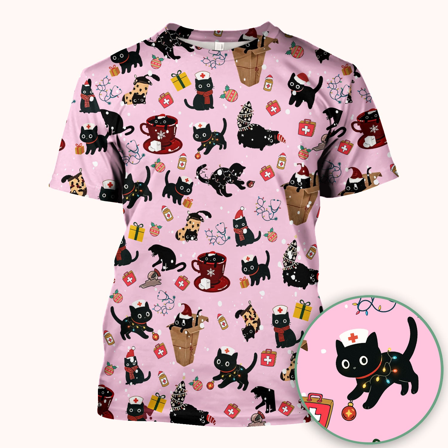 Christmas Cat Scrub Top for Nurse - Funny Black Cats Shirt - Cute Holiday Medical Uniform for Women