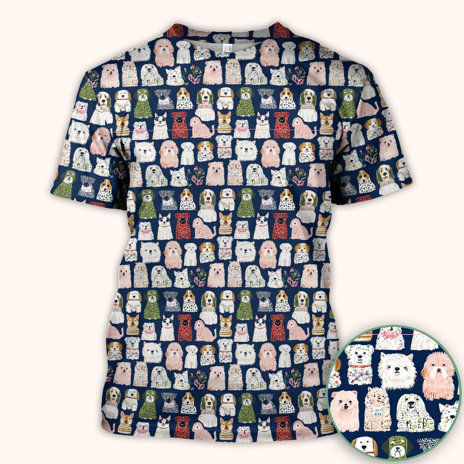 Cute Cartoon Dog Breeds Pattern Scrub Top, Comfortable Scrubs for Nurses