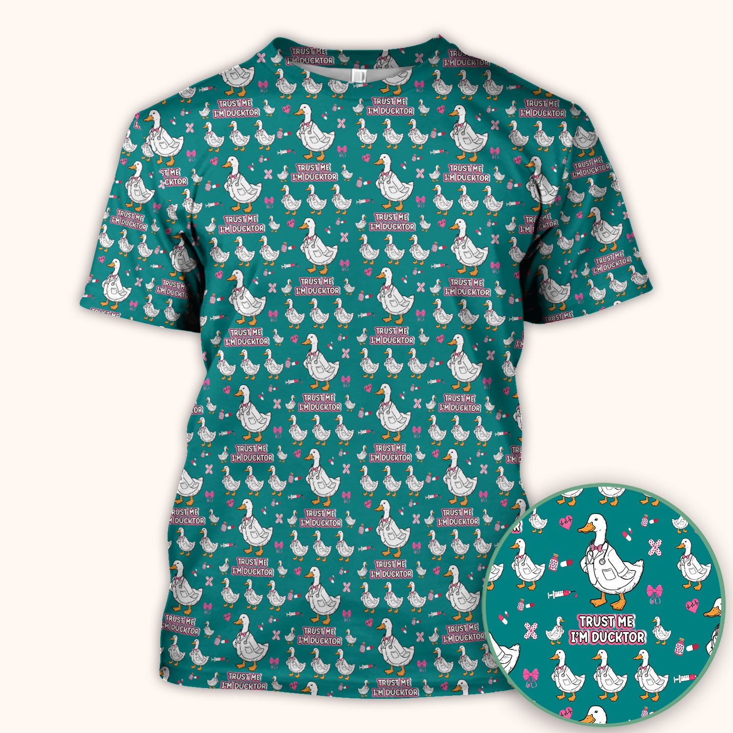 Trust Me I'm Ducktor Scrub Top, Funny Duck Pattern Scrub Shirt, Breathable Fabrics Nursing Uniform For Women