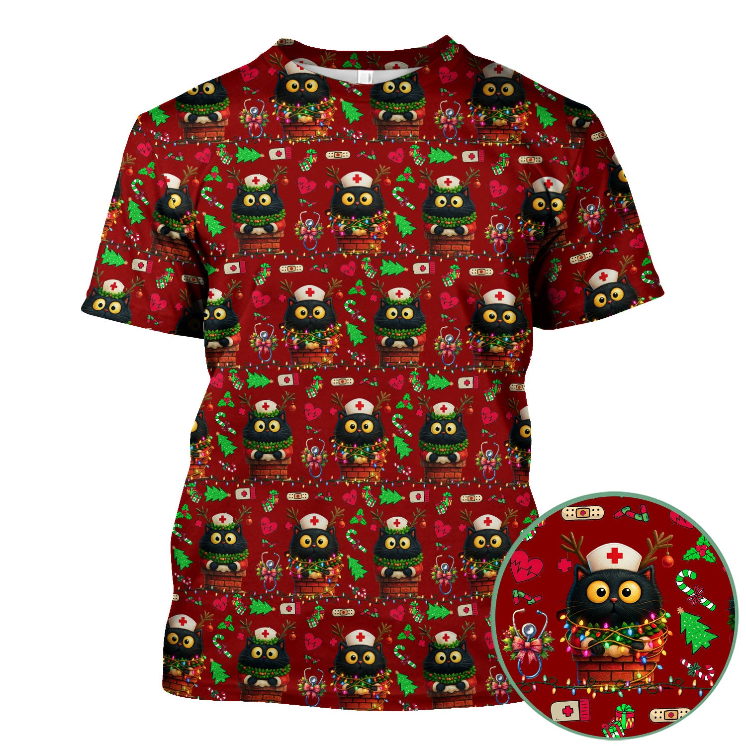 Christmas Black Cat Scrub Top for Nurse - Cute Reindeer Cat with Xmas Lights - Festive Holiday Medical Uniform for Women