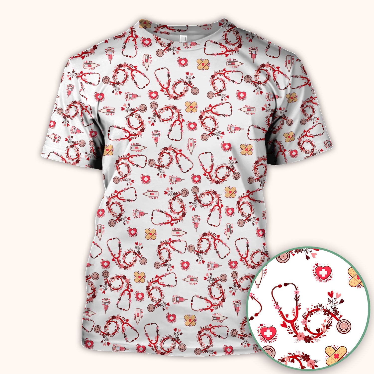 Heart Stethoscope Medical Pattern Scrub Top, Breathable Fabrics Nursing Uniform