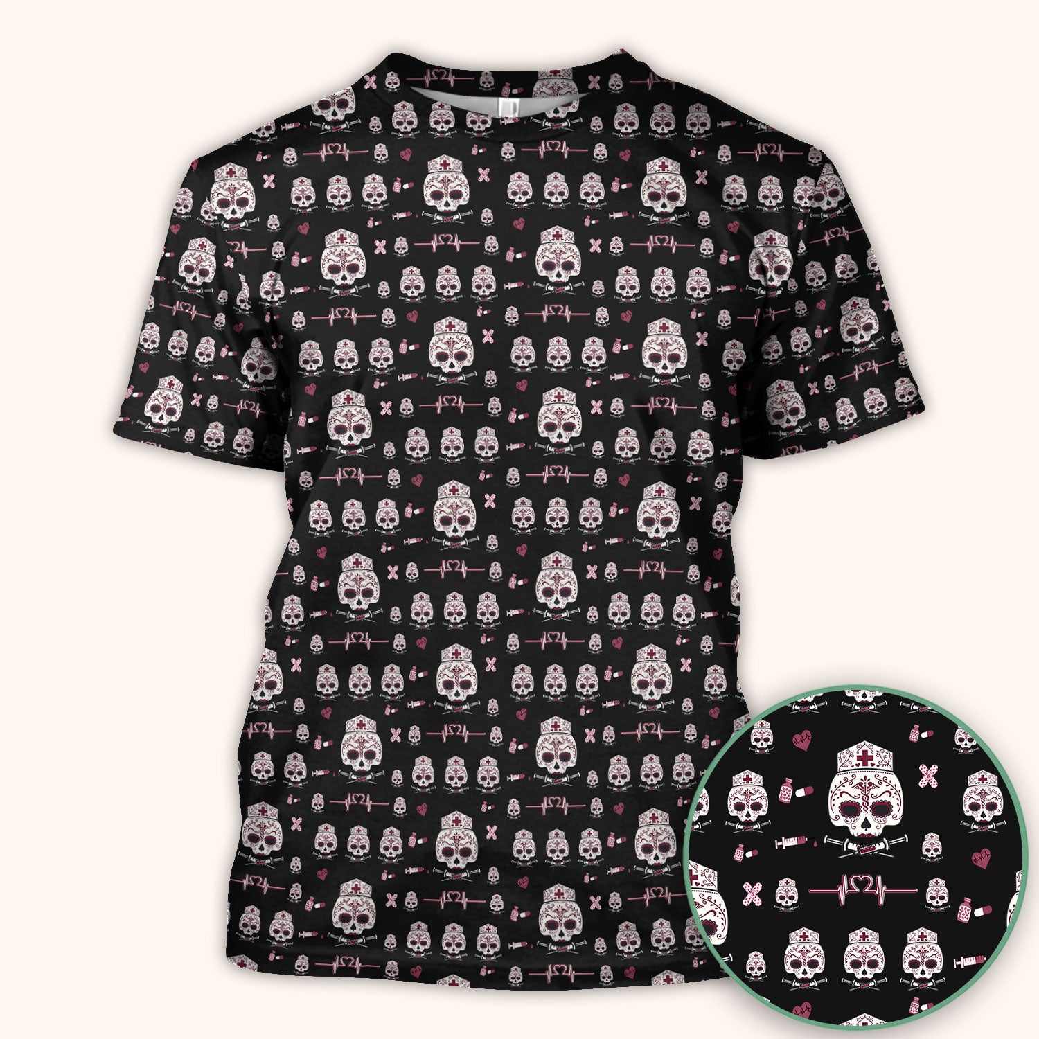Sugar Skull Scrub Top, Skull Pattern Scrub Shirt, Breathable Fabrics Nursing Uniform