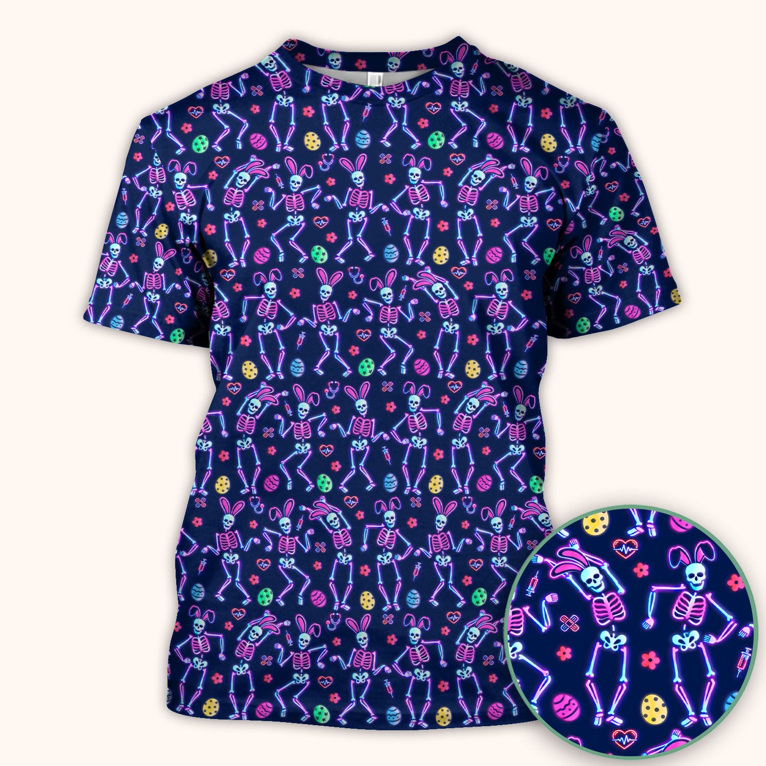 Neon Easter Skeleton Pattern Scrub Top, Comfortable Scrubs for Nurses