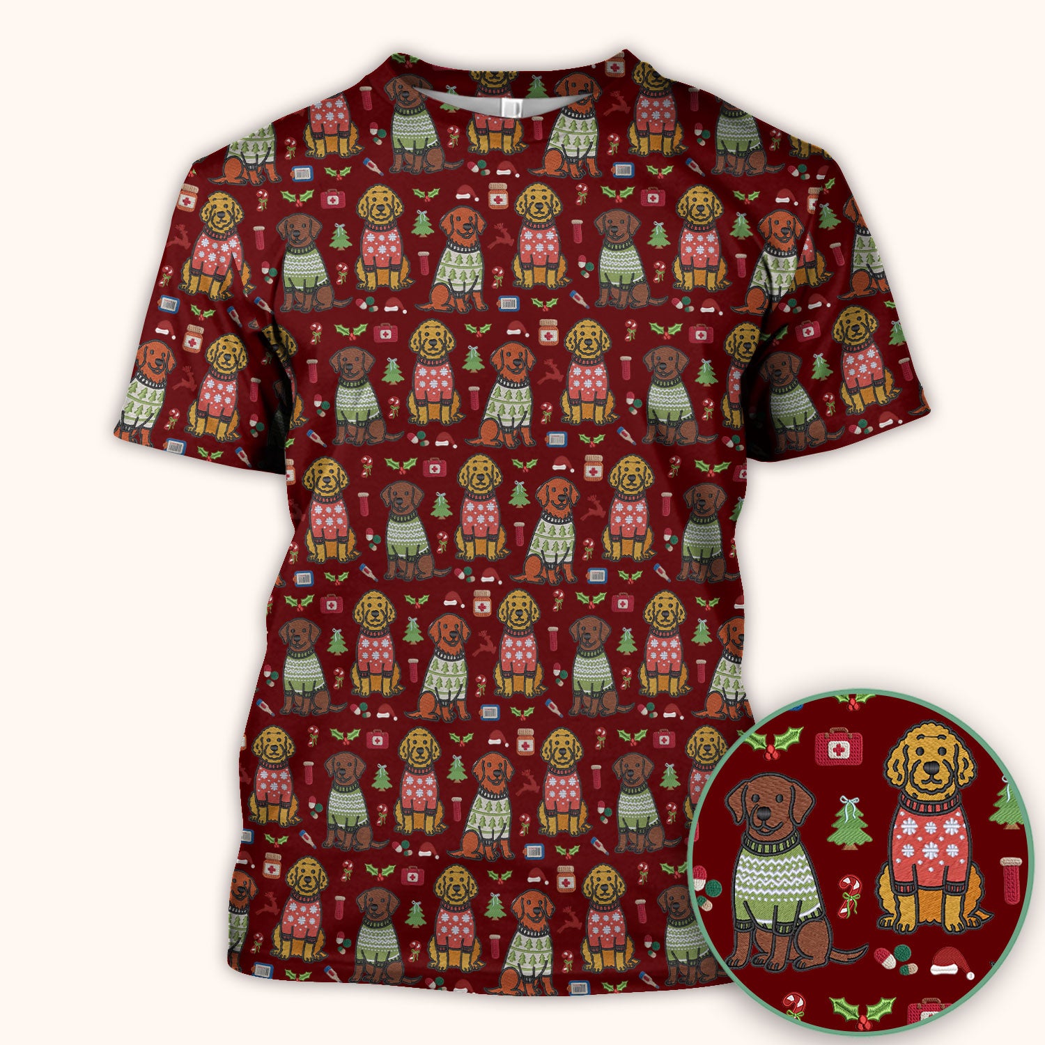 Golden Retriever Christmas Scrub Top, Cute Holiday Dog Nurse Pattern Shirt, Breathable Fabrics Nursing Uniform