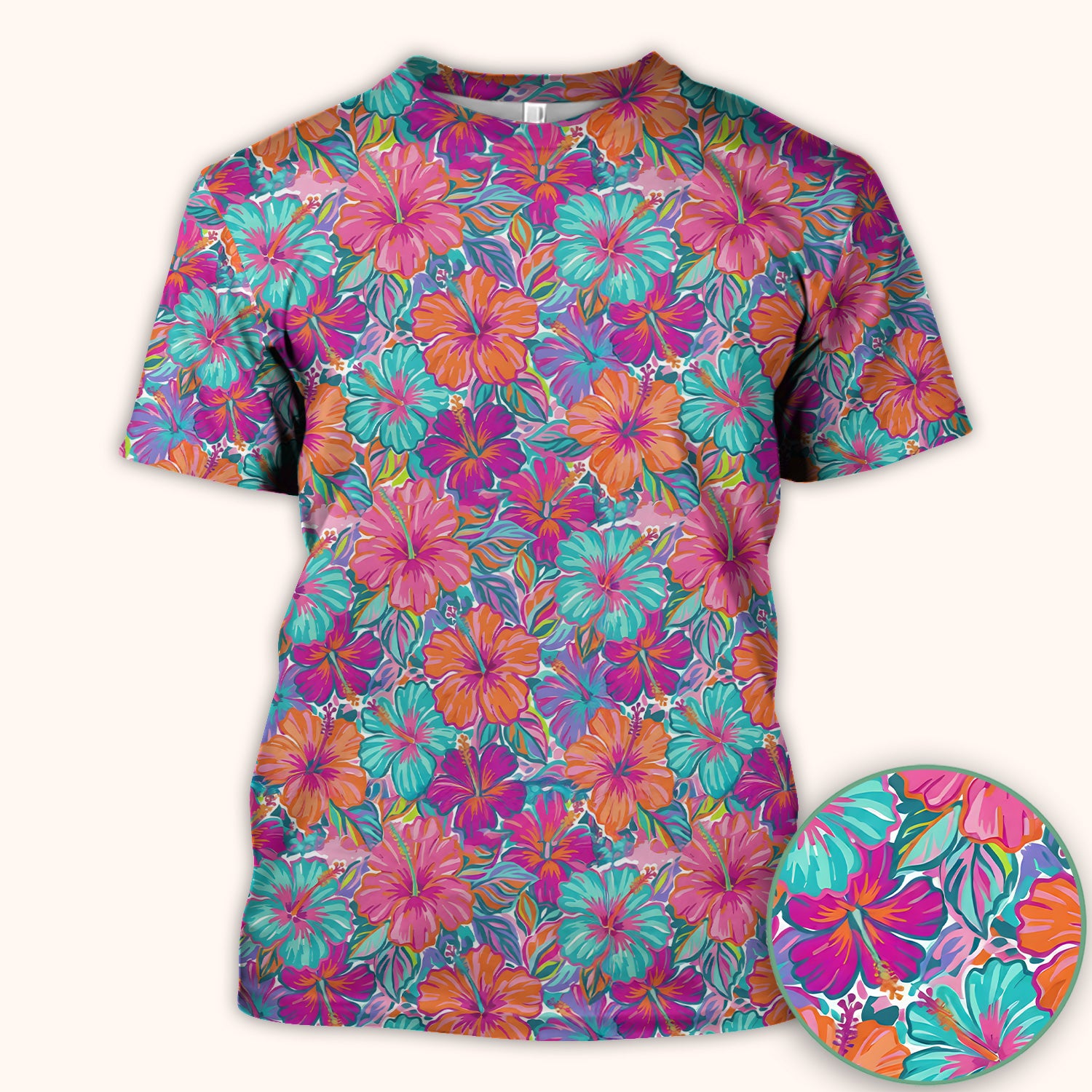 Vibrant Hibiscus Tropical Floral Pattern Scrub Top, Comfortable Scrubs for Nurses