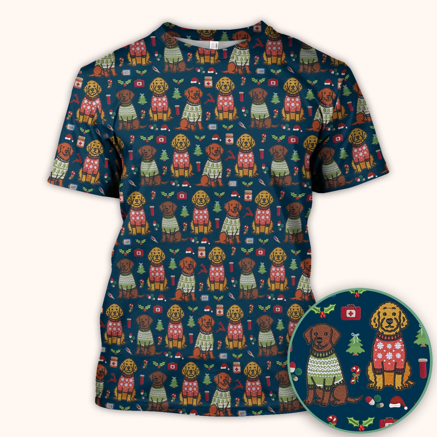 Golden Retriever Christmas Scrub Top, Cute Holiday Dog Nurse Pattern Shirt, Breathable Fabrics Nursing Uniform