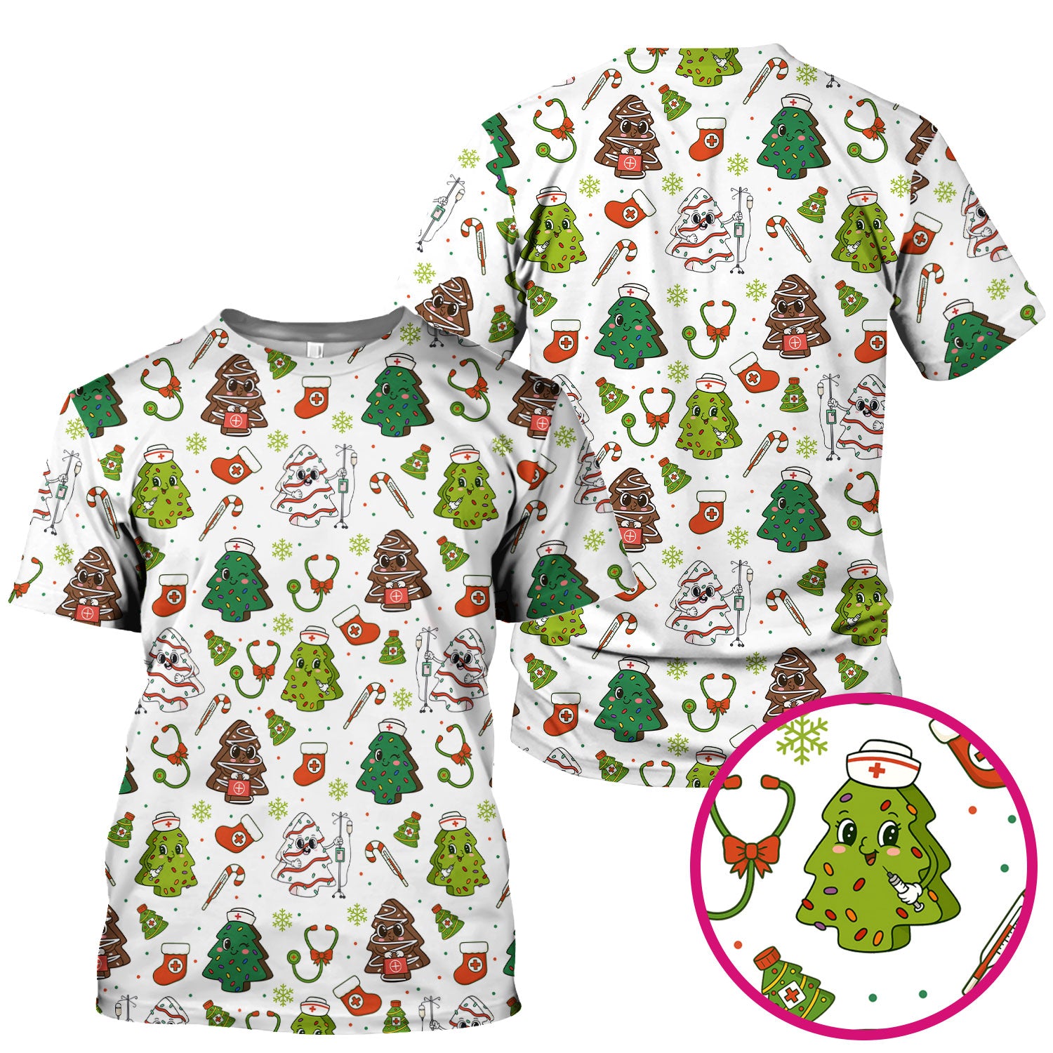 Funny Christmas Nurse Scrub Top - Adorable Tree Pattern Holiday Shirt - Cute Gift for Women RN LPN CNA