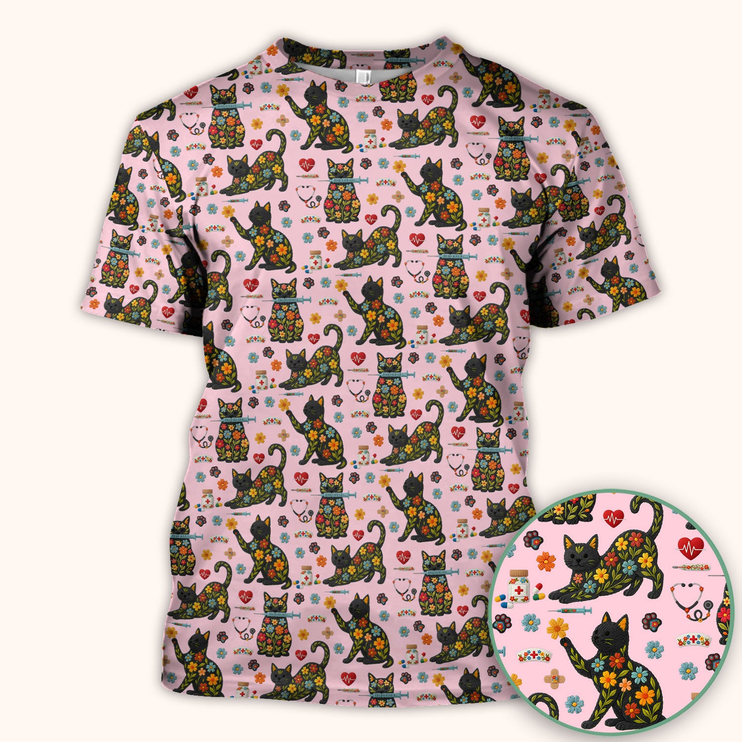 Floral Black Cat Pattern Scrub Top, Cute Cat Nurse Scrub Shirt, Medical Nursing Uniform