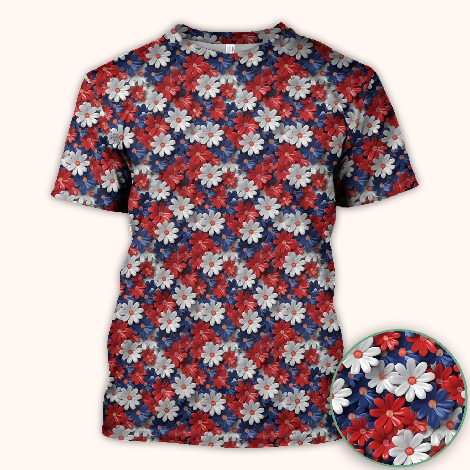 Festive Patriotic Daisy Bloom Pattern Scrub Top, Comfortable Scrubs for Nurses