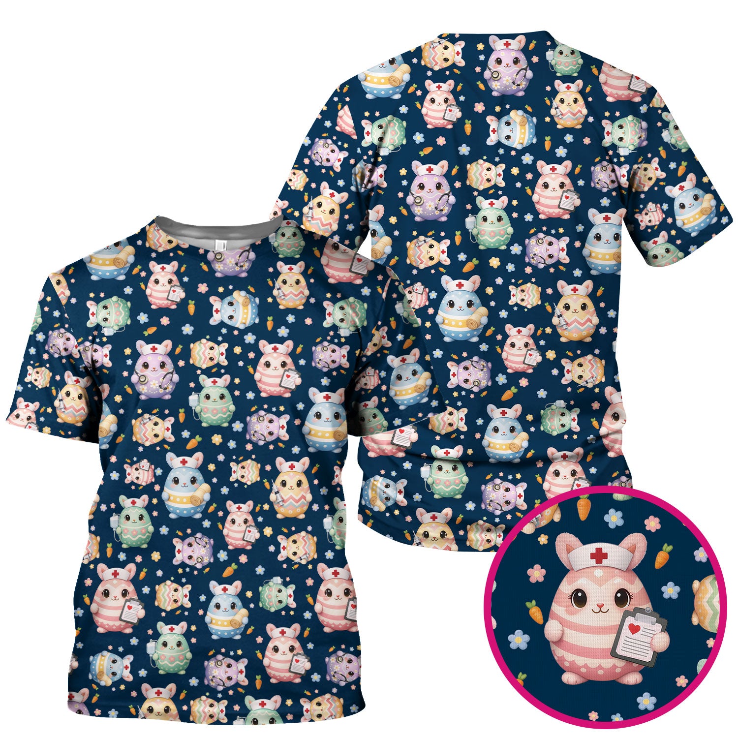 Cute Nurse Bunny Pastel Floral Print Scrubs, Breathable Fabrics Nursing Uniform, Easter