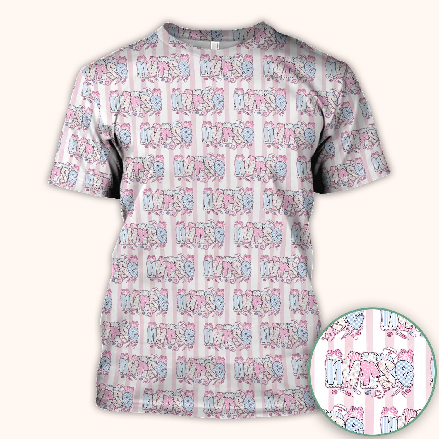 Cute Pastel Nurse Pattern Scrub Top, Comfortable Scrubs for Nurses