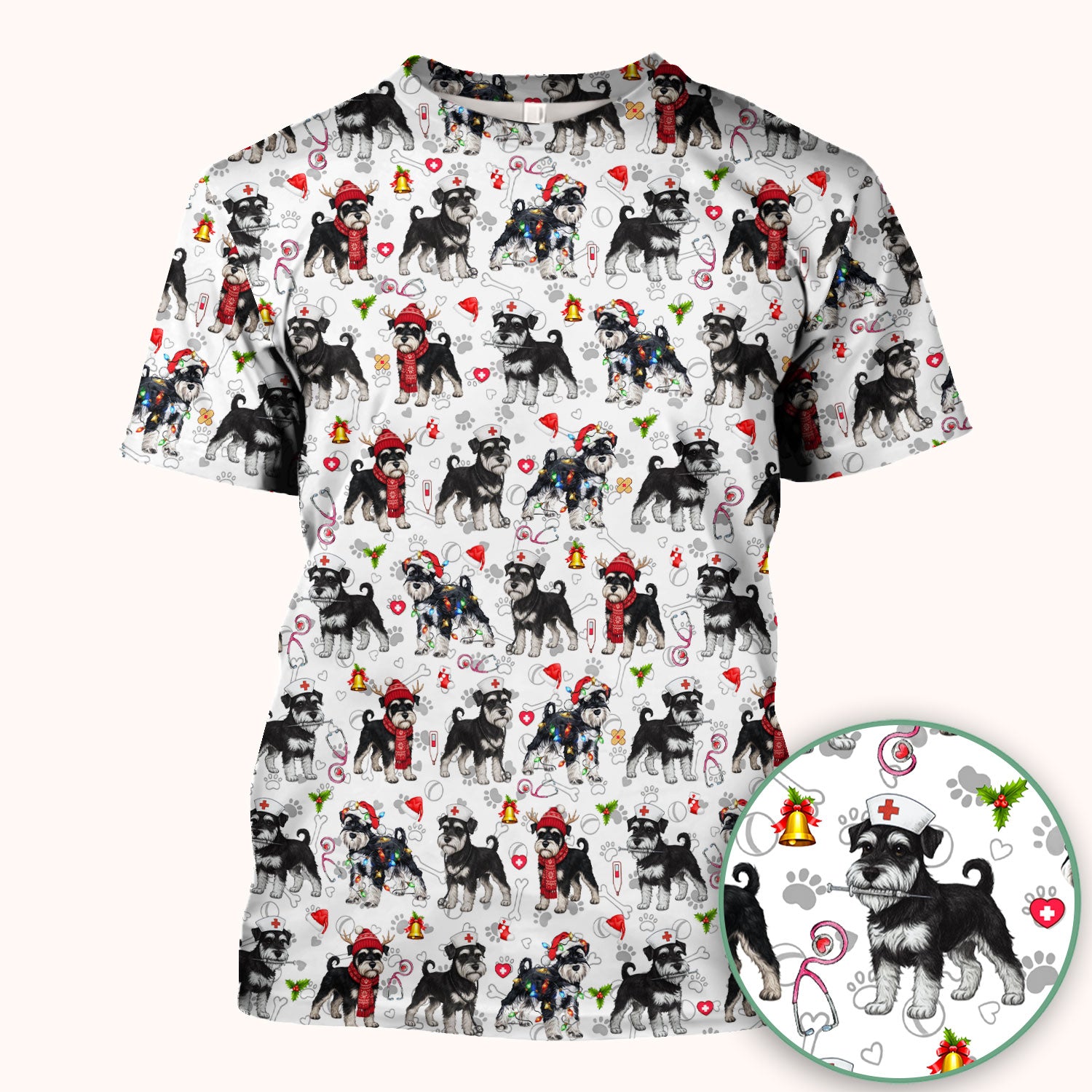 Christmas Schnauzer Scrubs for Nurses - Cute Dog Holiday Scrub Top - Funny Santa Nursing Medical Shirt for Women