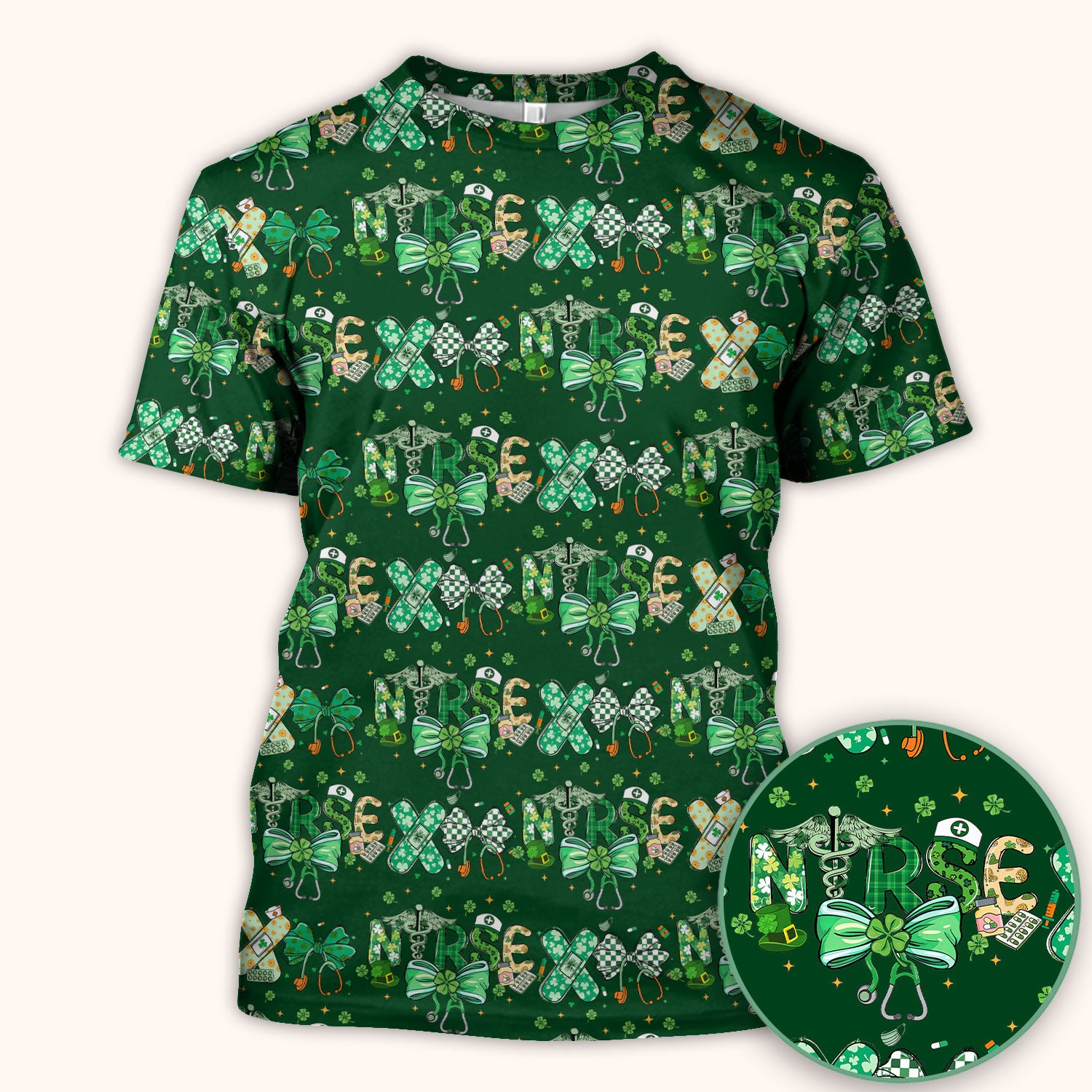 St. Patrick’s Nurse Scrub Top, Lucky Clover And Green Bow Pattern Nurse Shirt, Breathable Fabrics Nursing Uniform