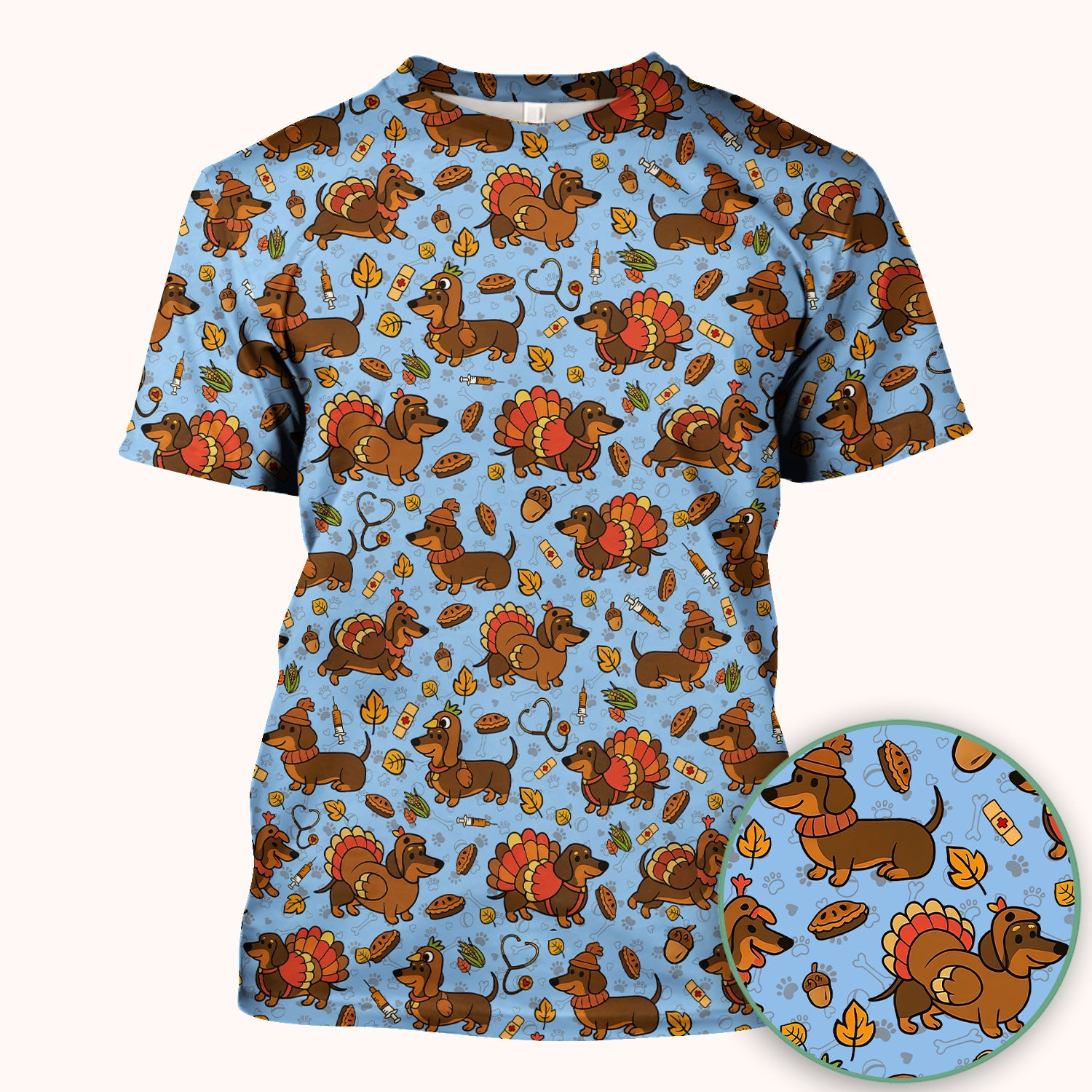 Thanksgiving Wiener Dog Scrub Top - Funny Dachshund TurkeChicken Nurse Shirt for Women - Cute Holiday Medical Uniform