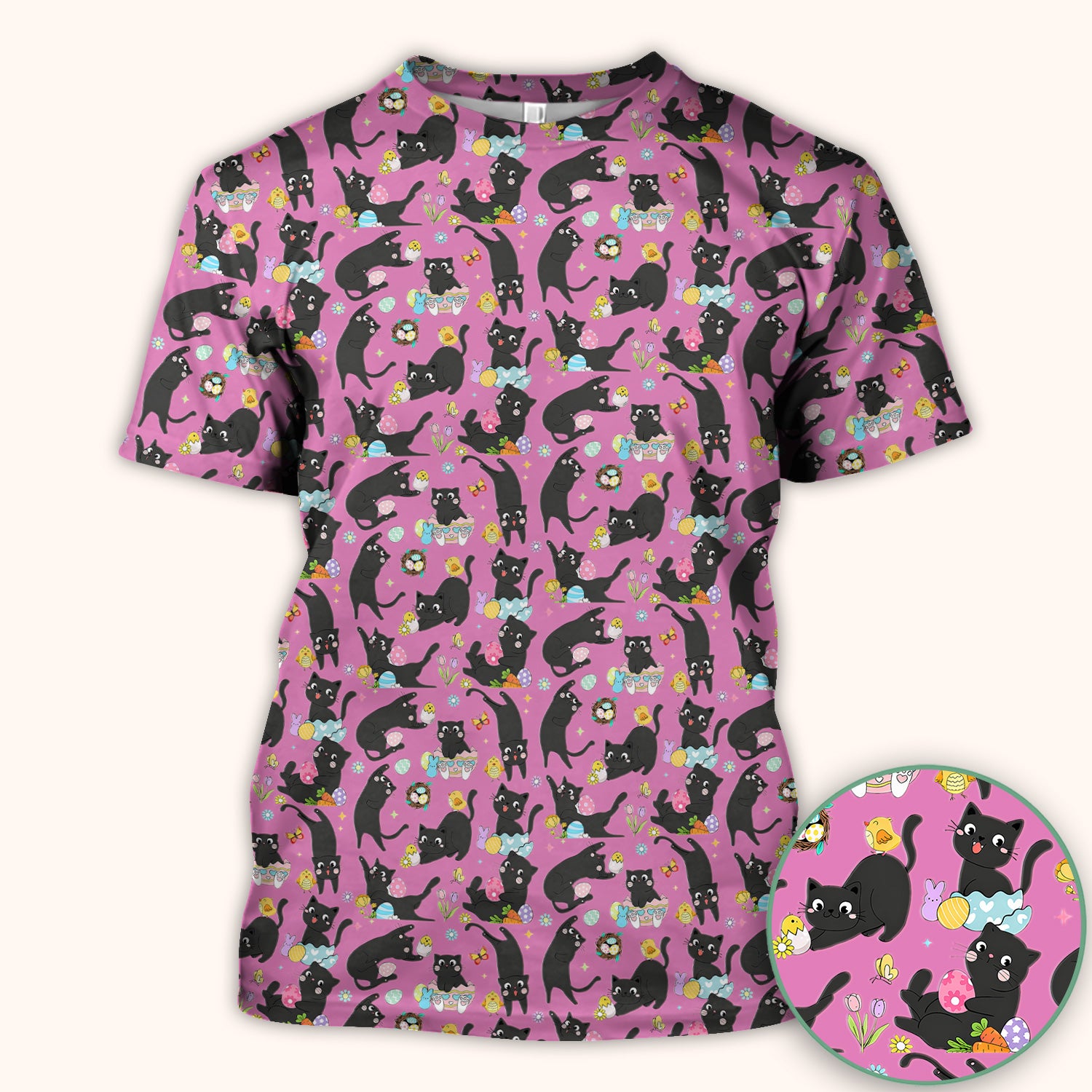 Playful Black Cat Easter Egg Pattern Scrub Top, Comfortable Scrubs for Nurses