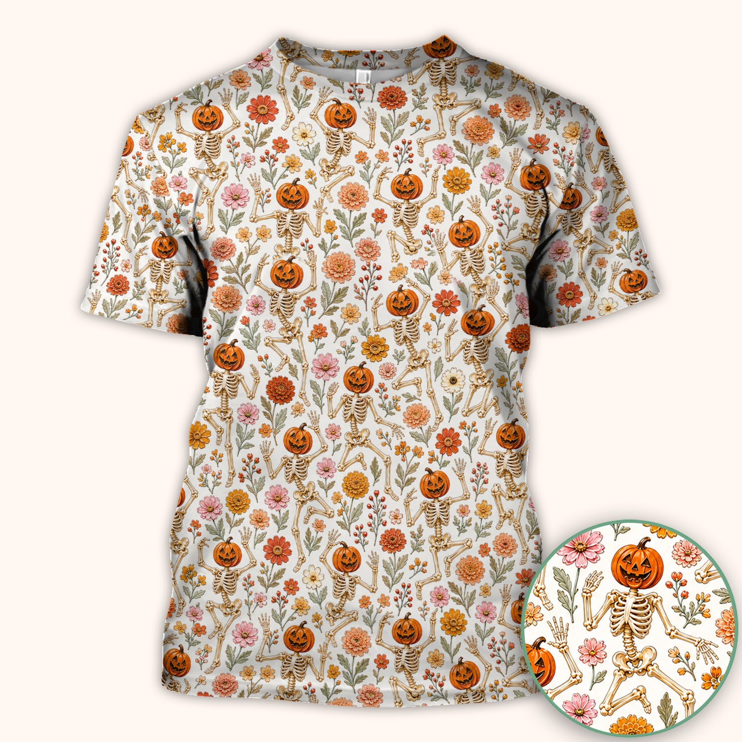 Halloween Pumpkin Skeleton Floral Scrub Top, Comfortable Scrubs for Nurses