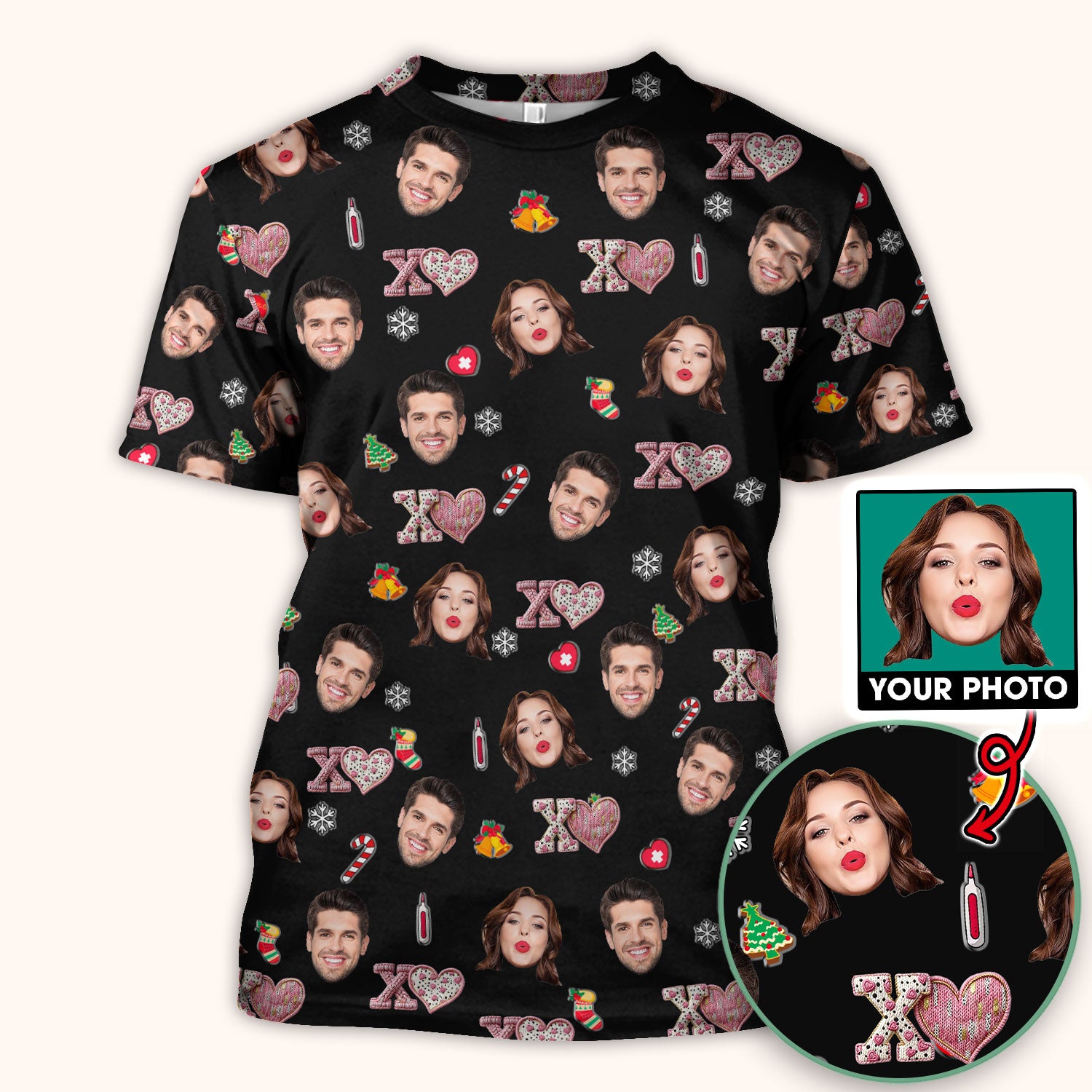 Custom Face Pattern XOXO Scrub Shirt, Personalized Photo Scrub Top, Breathable Fabrics Nursing Uniform