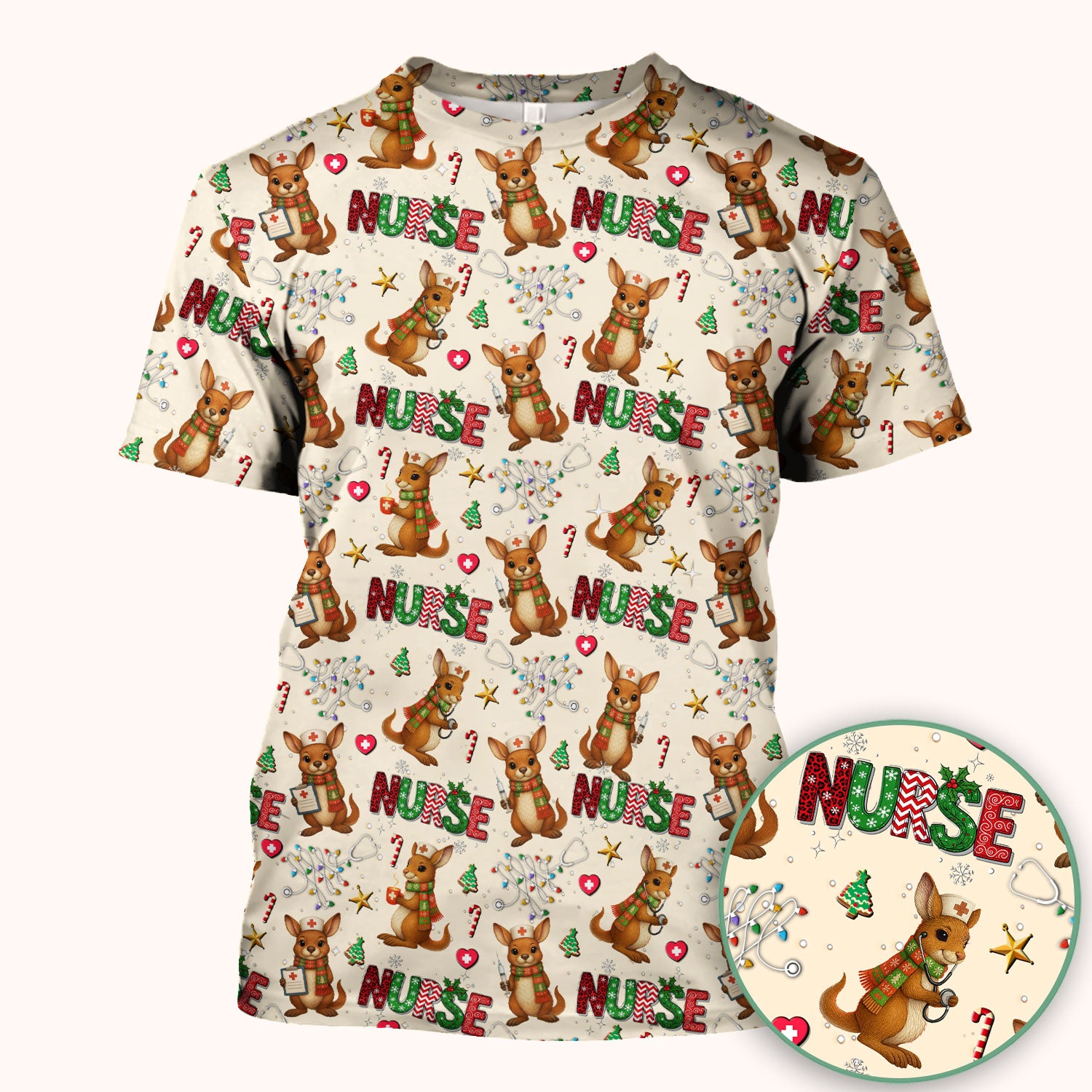 Aussie Kangaroo Christmas Scrub Top - Funny Holiday Nurse Shirt for Women - Cute Animal Medical Uniform