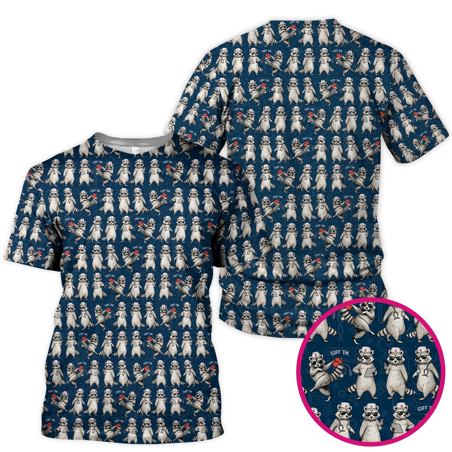 Funny Raccoon Nurse Pattern Scrub Top, Comfortable Scrubs For Nurses
