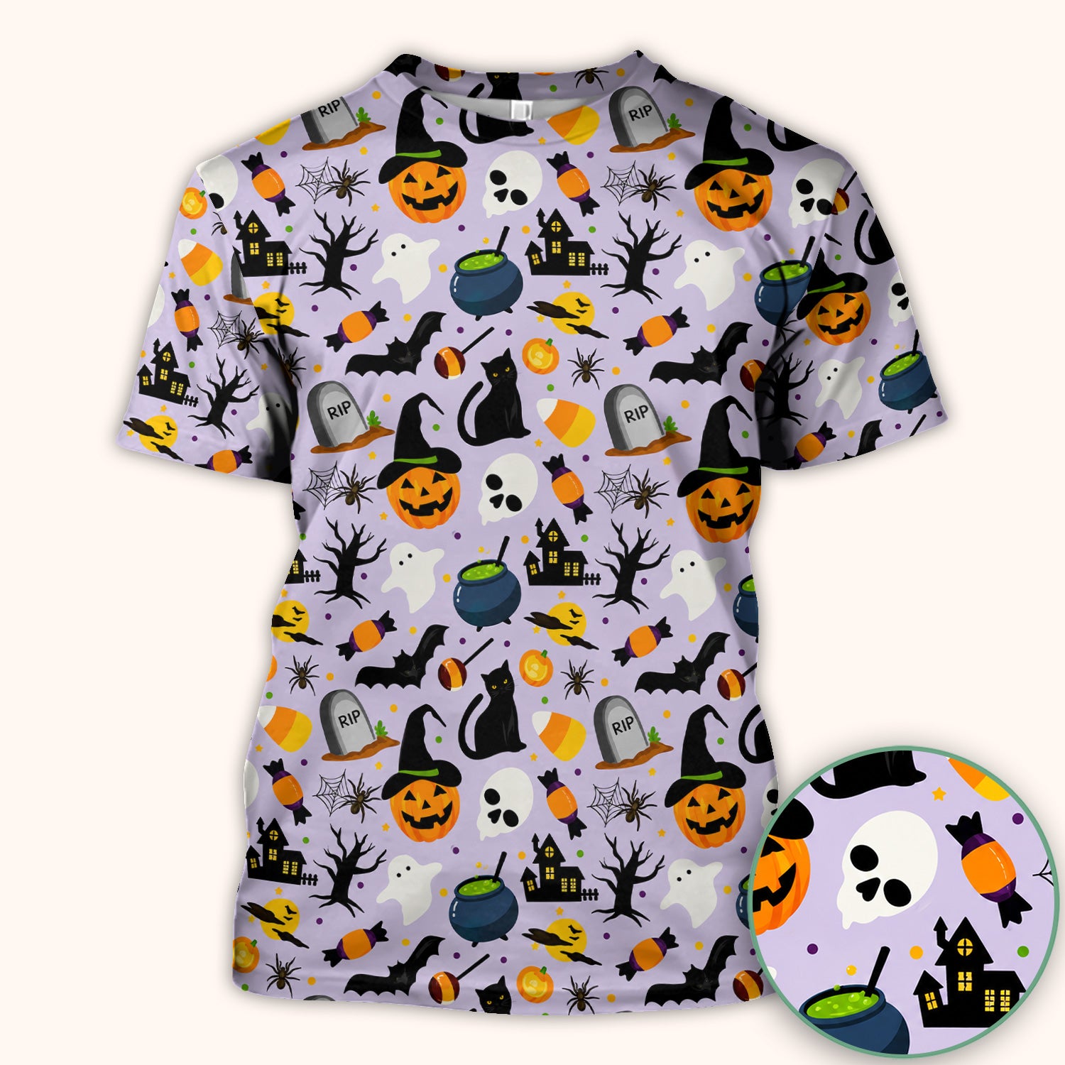 Ghost Pumpkin Witch Pattern Scrub Top, Comfortable Scrubs for Nurses