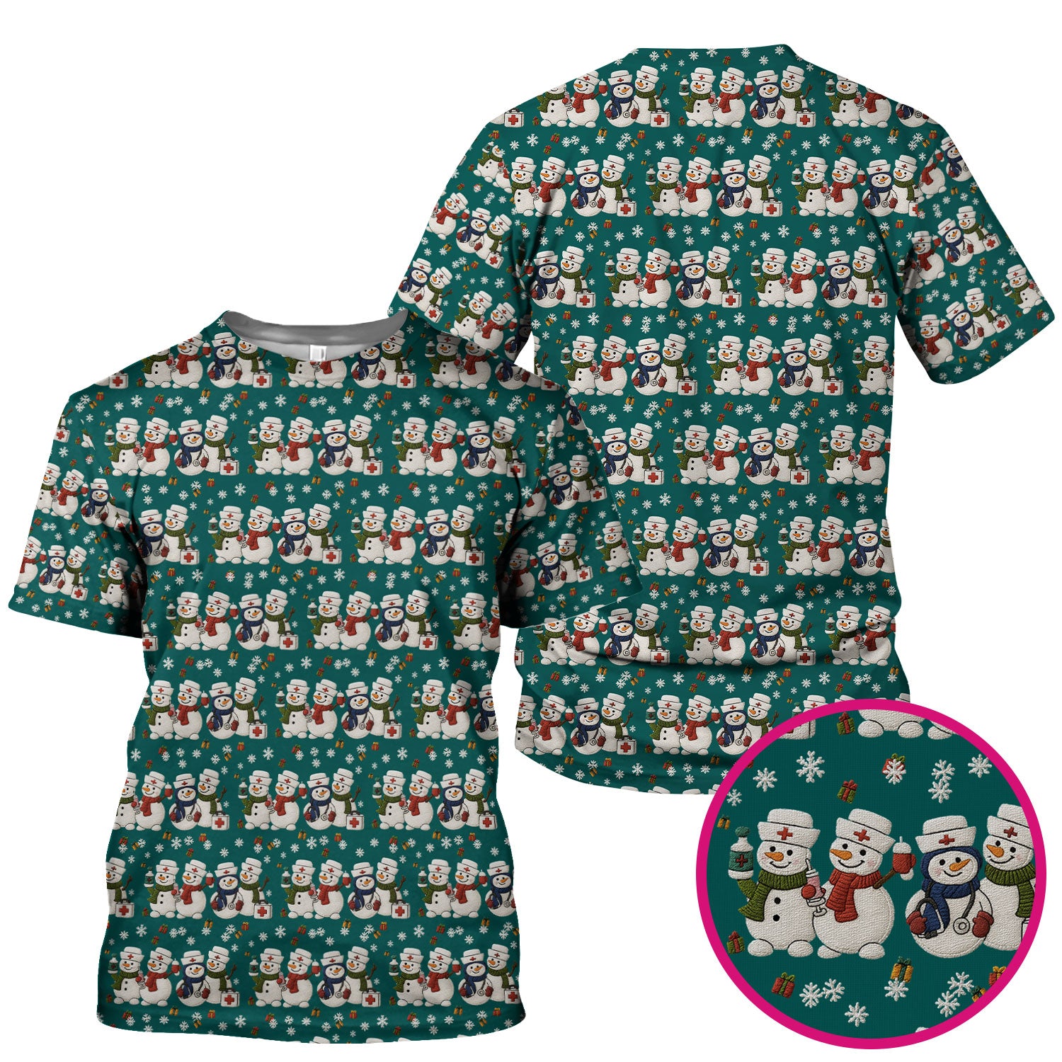 Cute Christmas Snowman Nurse Pattern Scrub Top, Breathable Fabrics Nursing Uniform