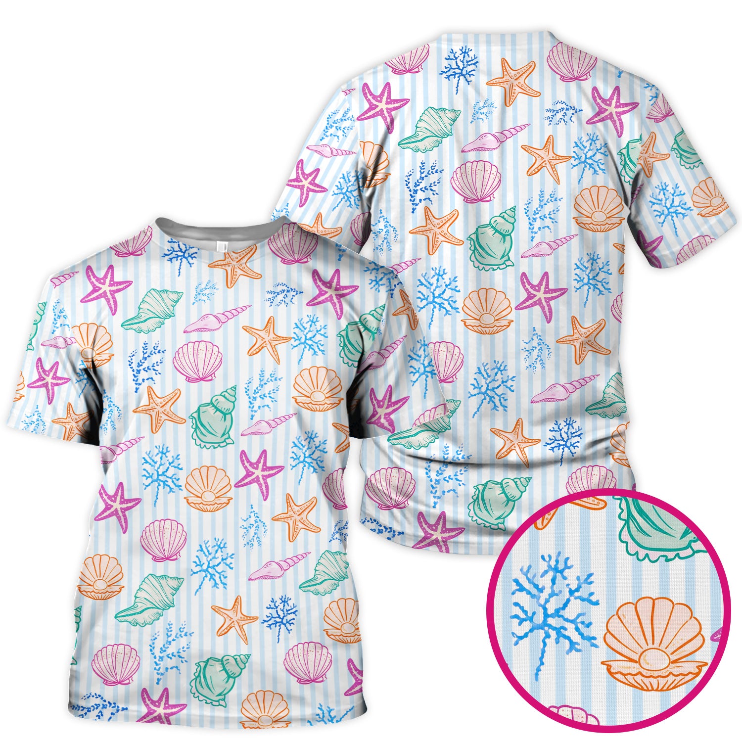Colorful Seashell Starfish Ocean Stripe Pattern Scrub Top, Breathable Fabrics Nursing Uniform