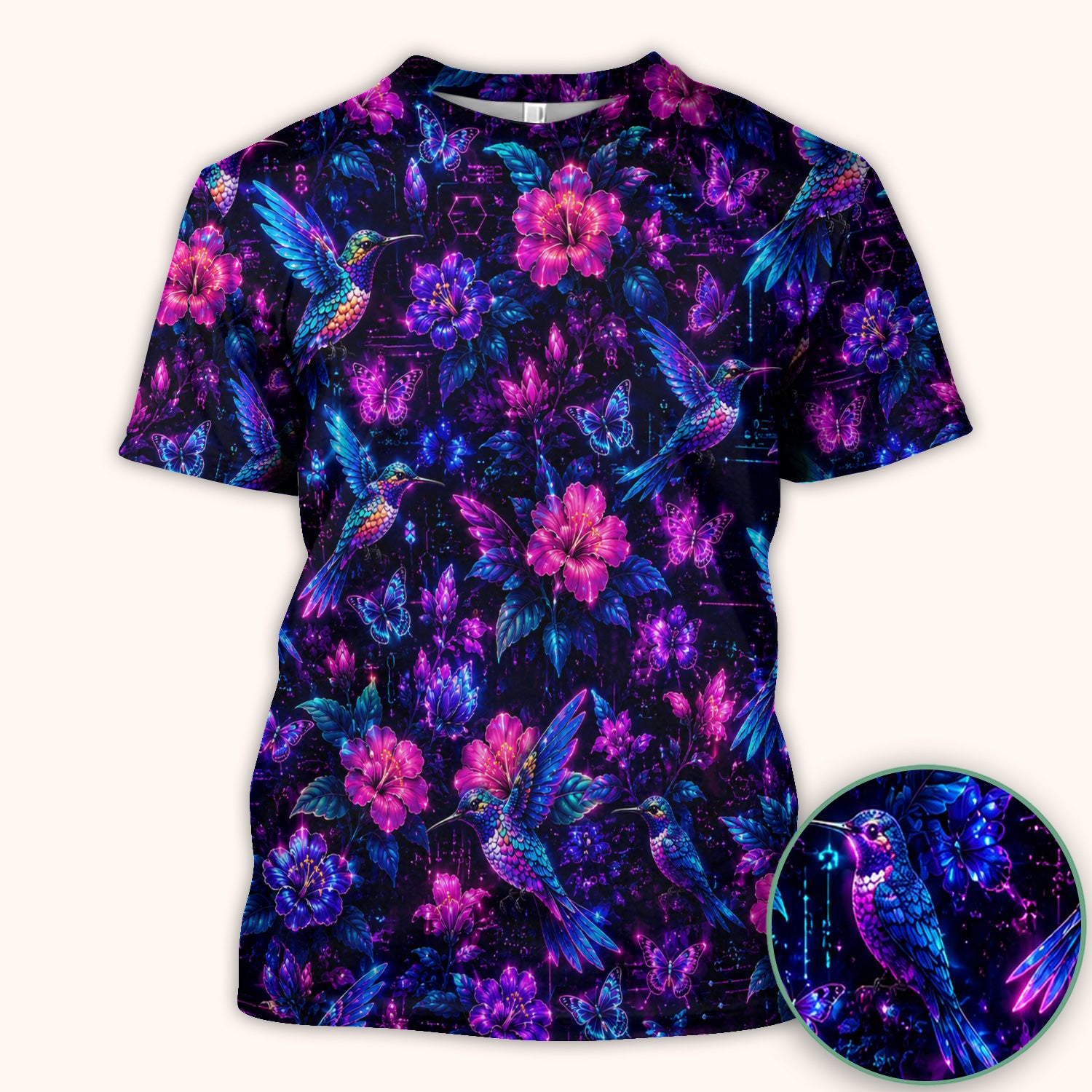 Neon Hummingbird Butterfly Bloom Pattern Scrub Top, Comfortable Scrubs for Nurses