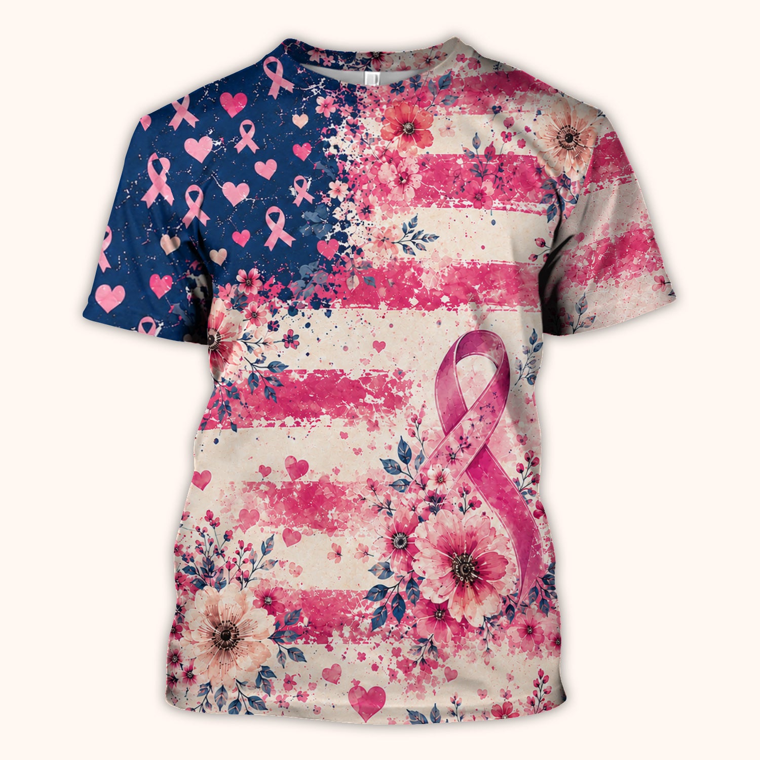 Breast Cancer Floral Flag Nurse Scrub Top for Oncology RN, Pink Ribbon Awareness Uniform