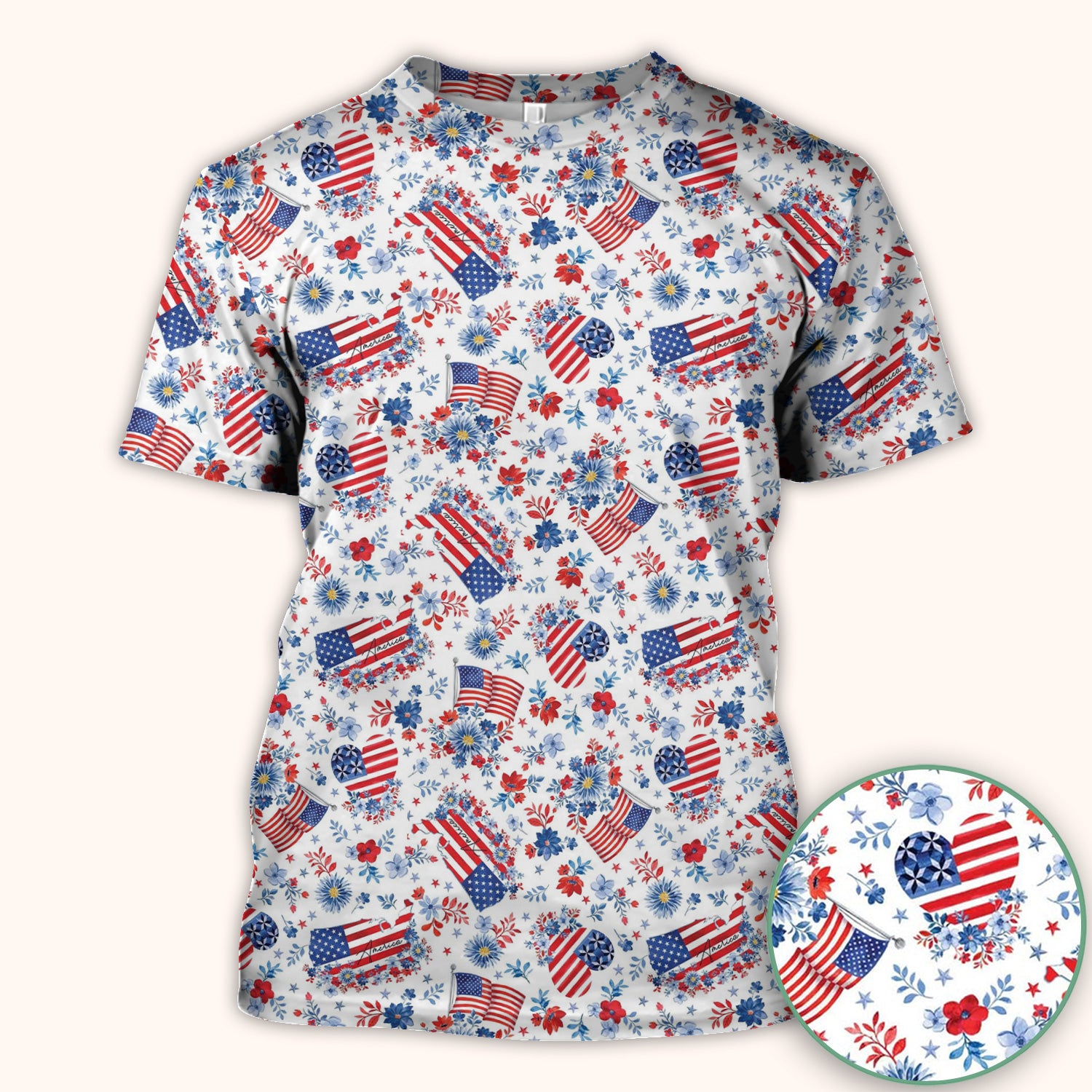 Festive American Flag Heart Floral Pattern Scrub Top, Comfortable Scrubs for Nurses