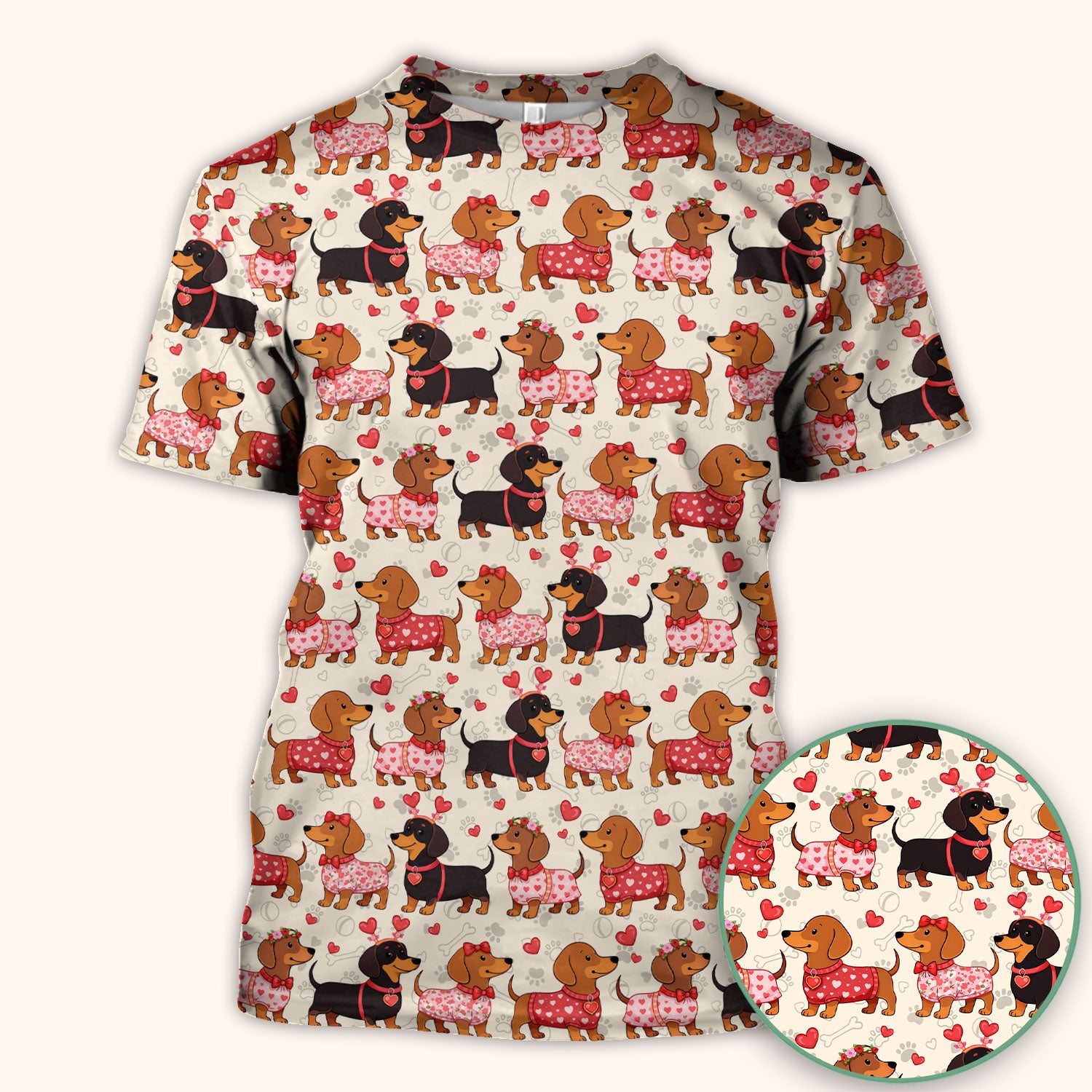 Valentine Dachshund Scrub Top, Wiener Dog Love Pattern Nurse Shirt, Breathable Fabrics Nursing Uniform