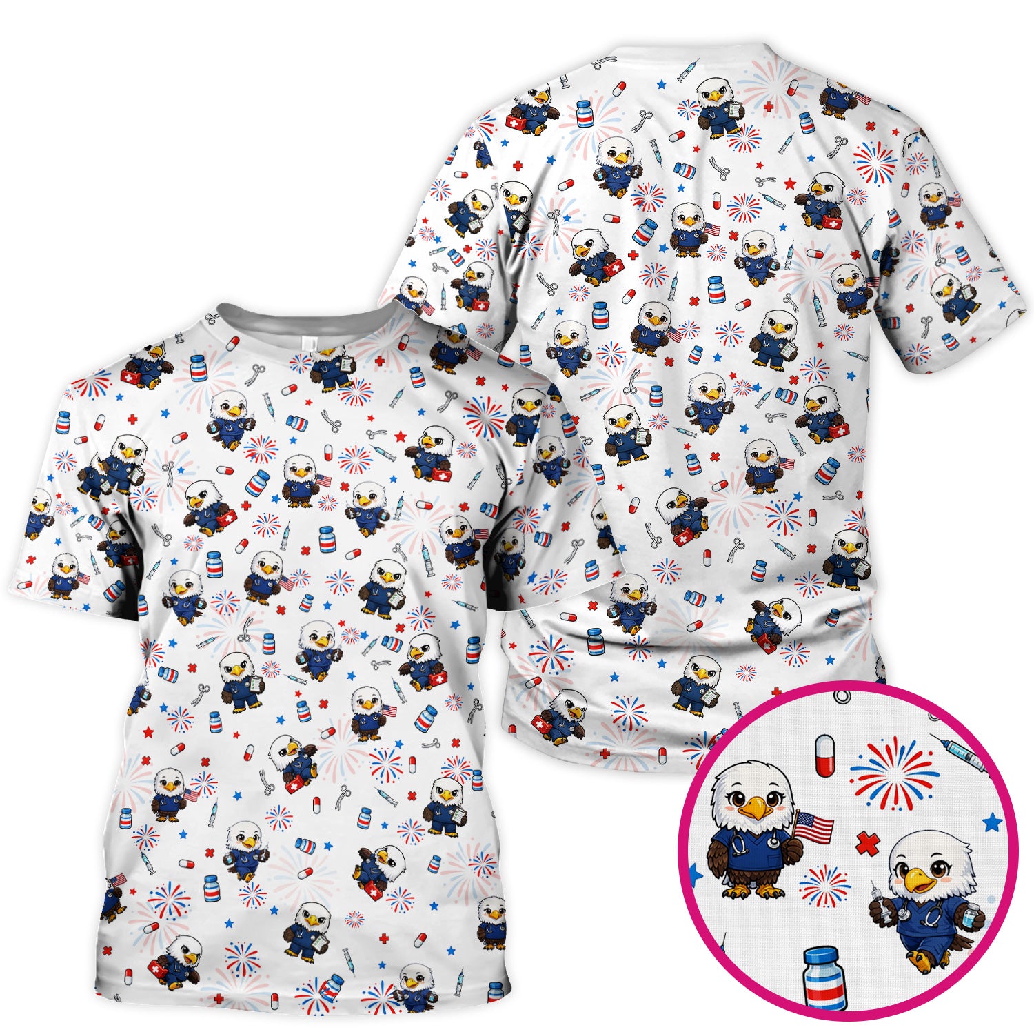 Patriotic Nurse Eagle Fireworks Medical Pattern Scrub Top, Breathable Fabrics Nursing Uniform
