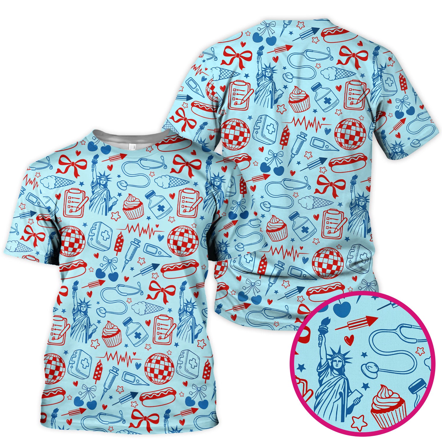 Patriotic Nurse Medical Icons Pattern Scrub Top, Breathable Fabrics Nursing Uniform