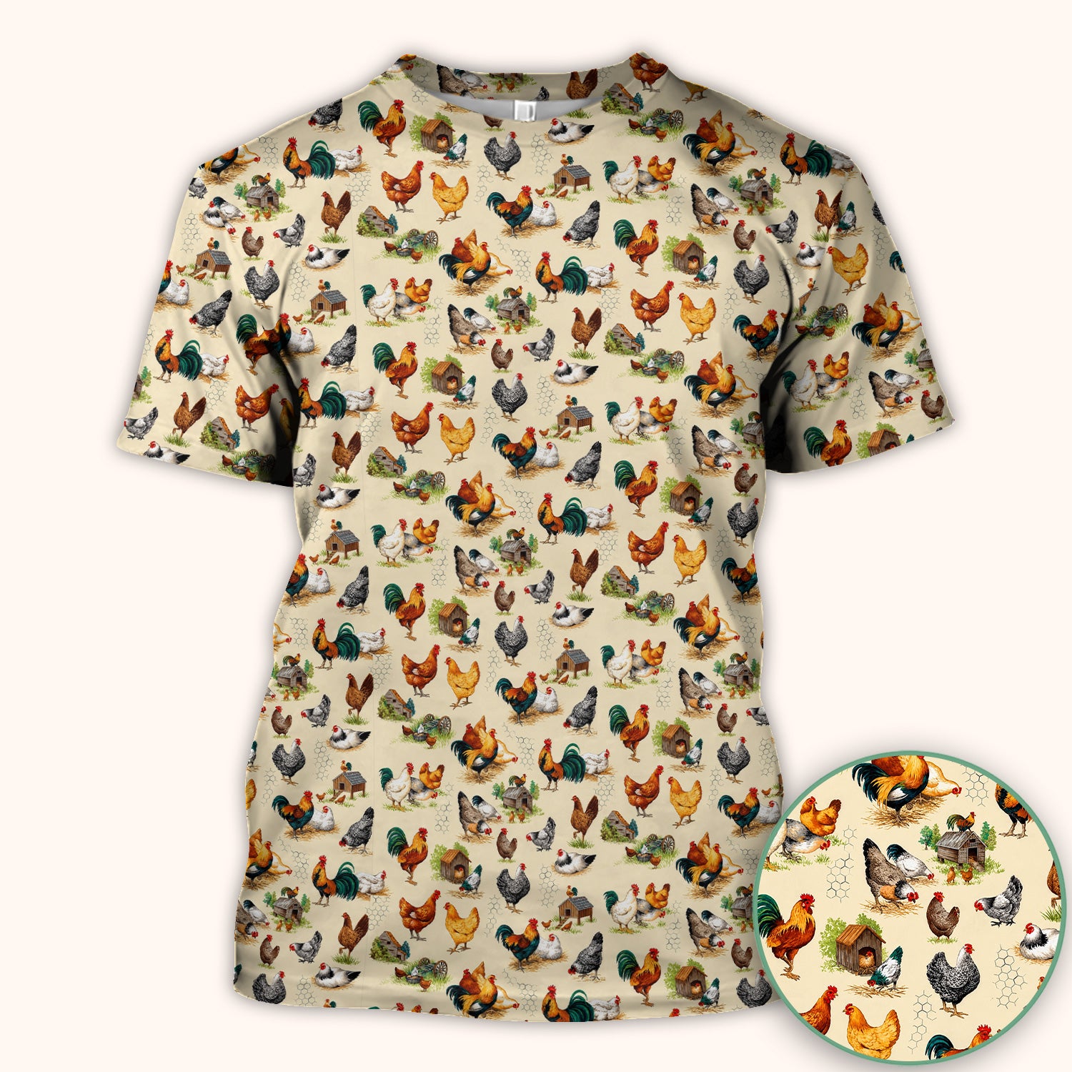 Farm Chicken Rooster Coop Pattern Scrub Top, Comfortable Scrubs for Nurses