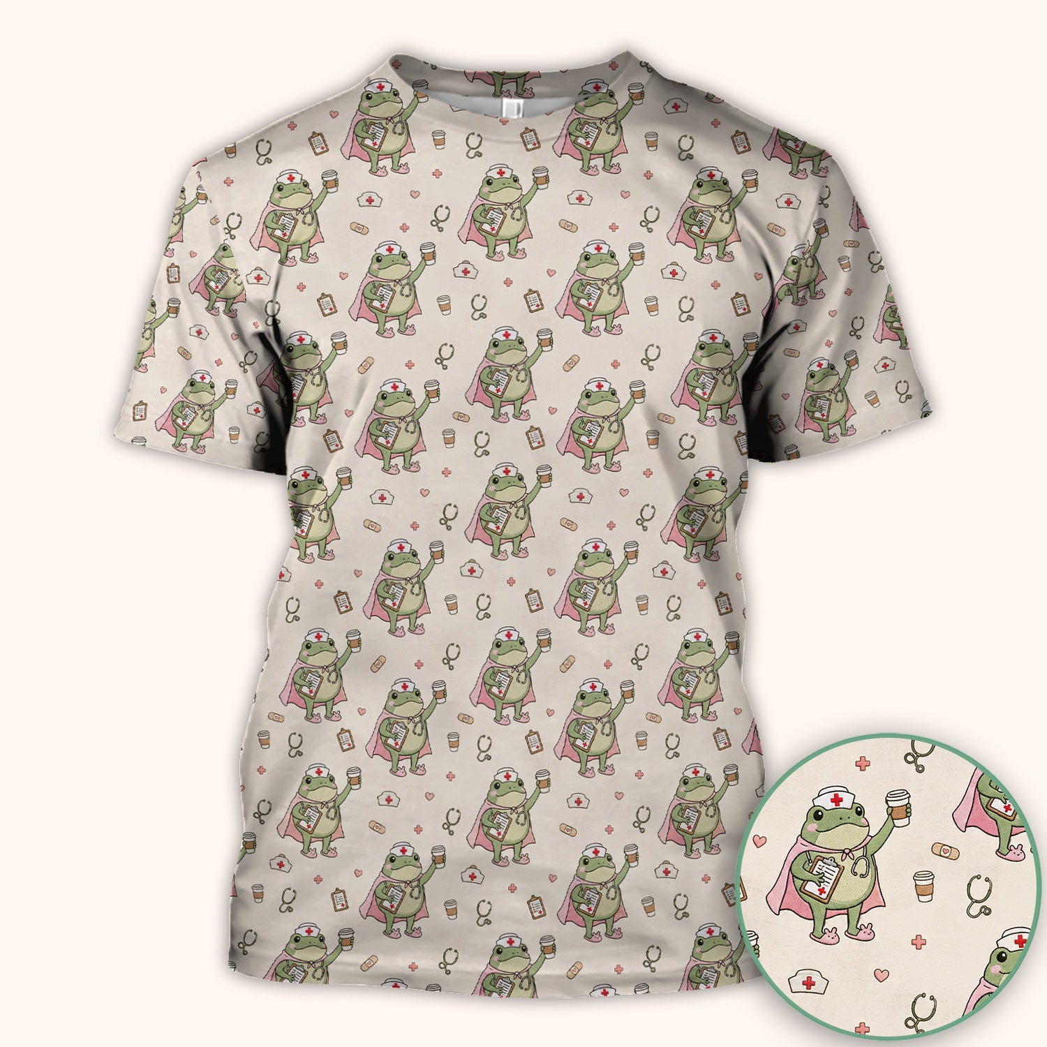 Cute Super Nurse Frog Pattern Scrub Top, Comfortable Scrubs for Nurses