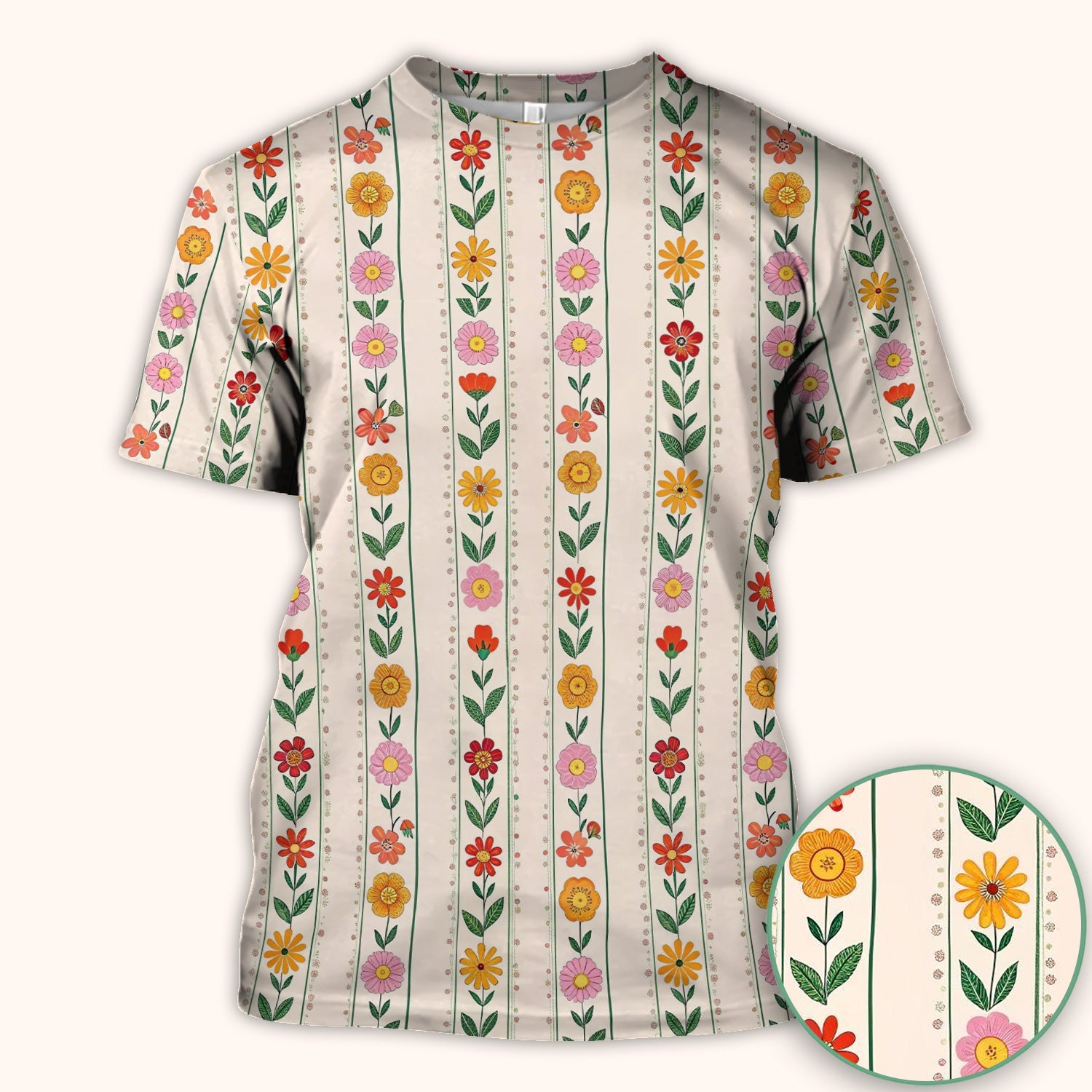 Retro Floral Stripe Nurse Scrub Top for RN, CNA, Healthcare Workers, Garden Bloom Uniform