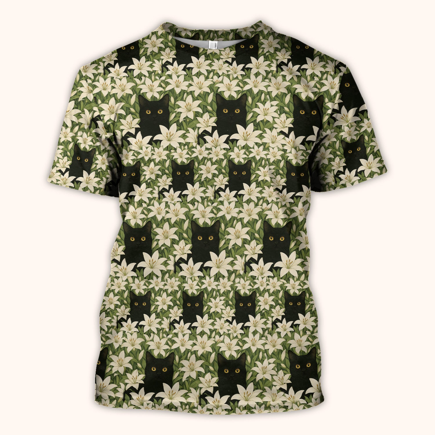 Black Cat Hidden In Lily Garden Pattern Scrub Top, Comfortable Scrubs for Nurses