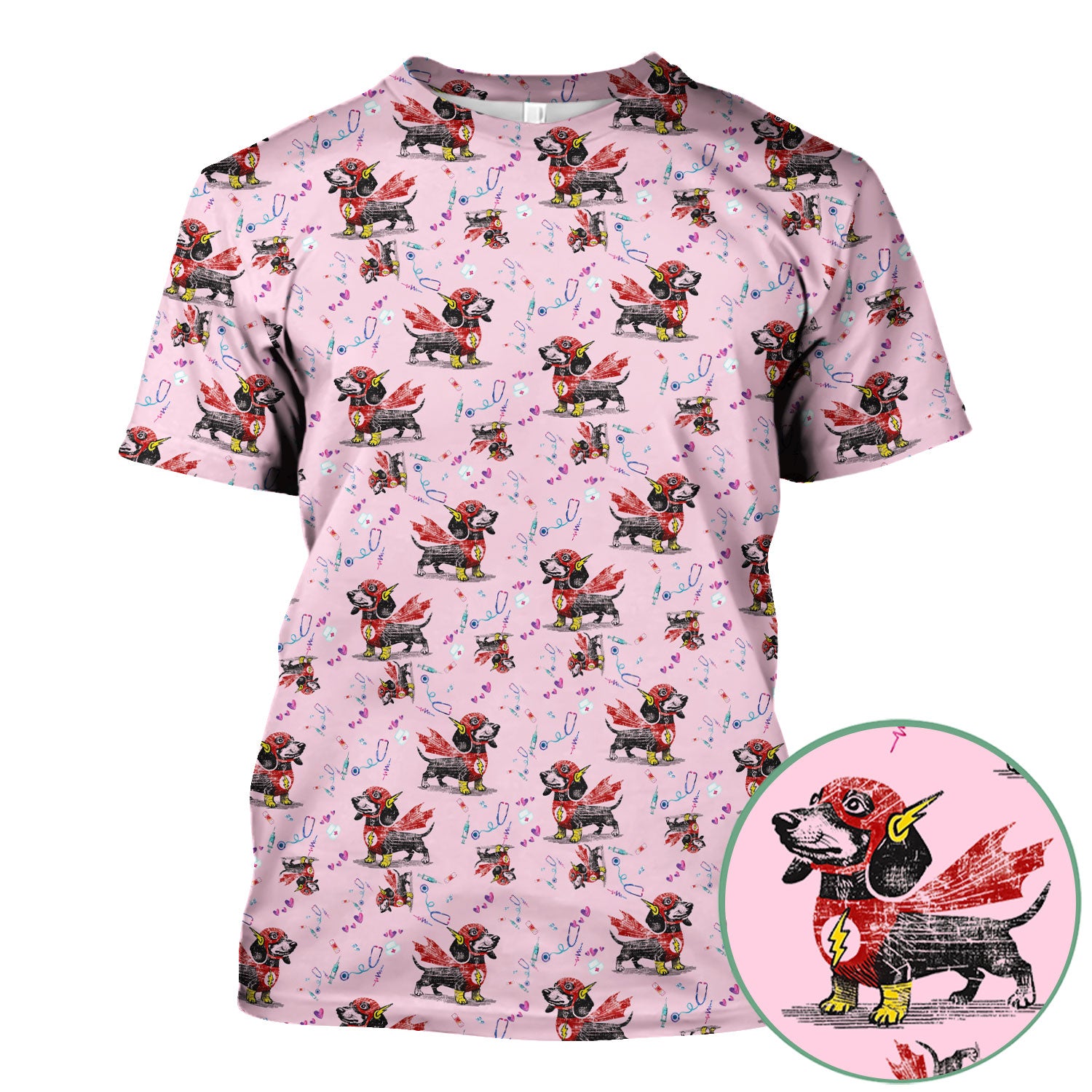 Dachshund Hero Scrub Top for Nurses - Super Nurse Funny Flash Dog Print Medical Uniform Shirt - Cute Sausage Dog Gift for RN CNA LPN