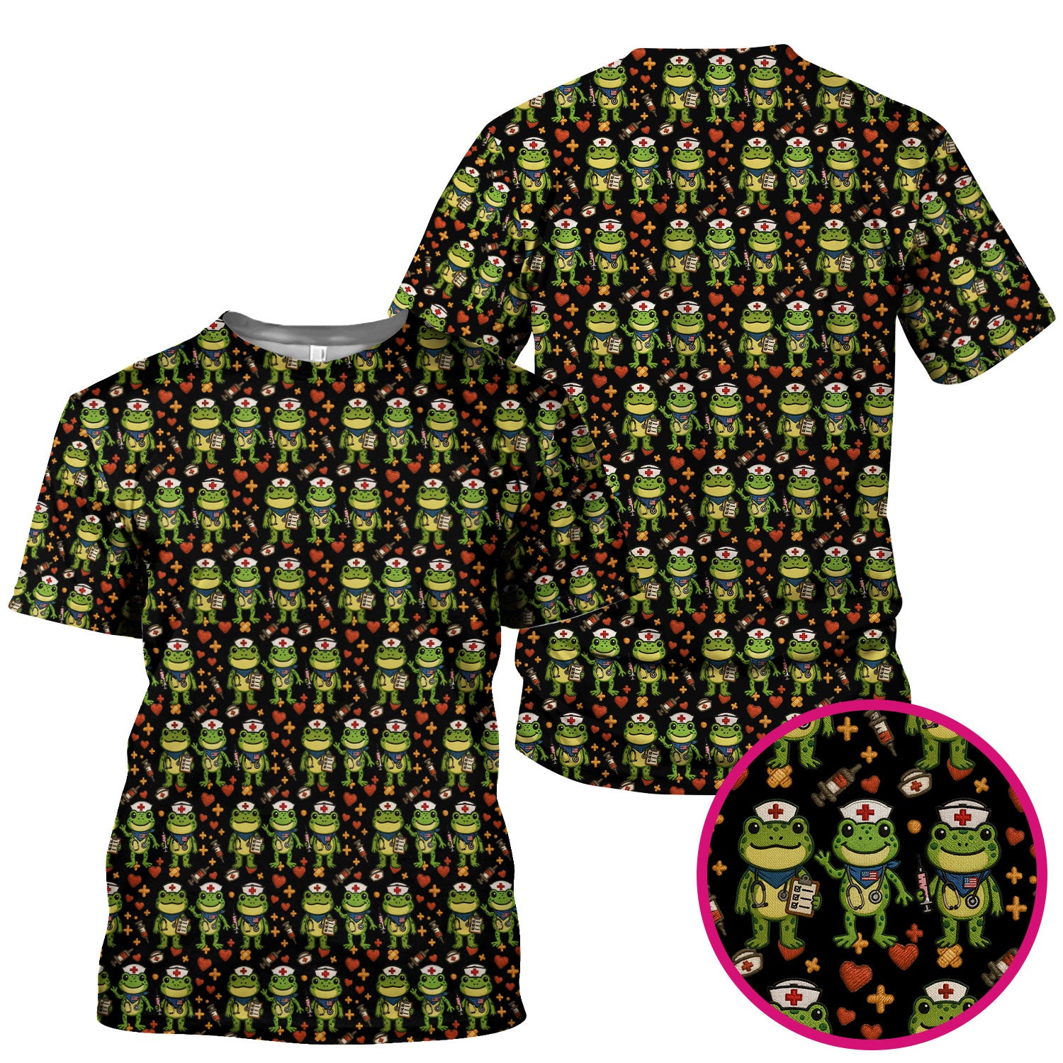 Frog Pattern Scrub Top, Cute Frog Scrub Shirt, Breathable Fabrics Nursing Uniform