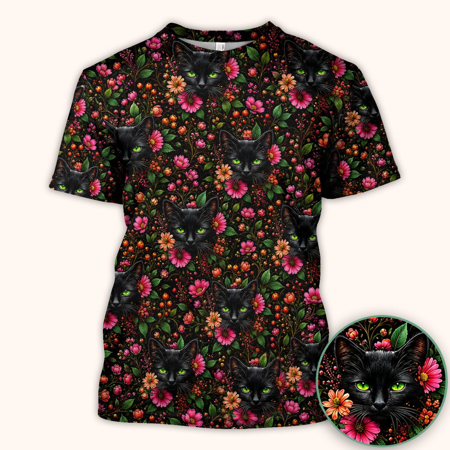 Adorable Black Cat Blossom Pattern Scrub Top, Comfortable Scrubs for Nurses